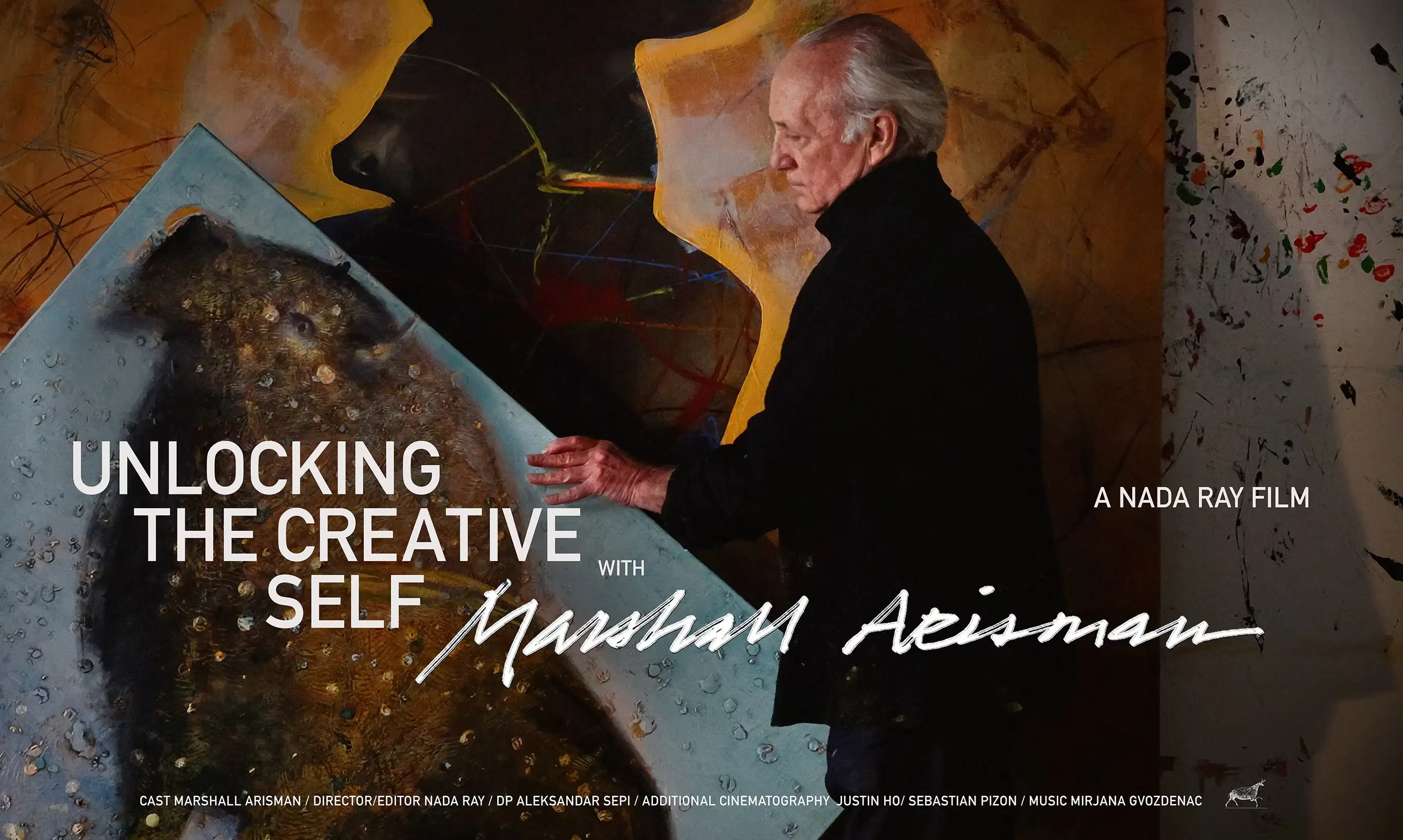 Painter Marshall Arisman dressed in black facing left carrying a large canvas with a golden buffalo on a blue background. 