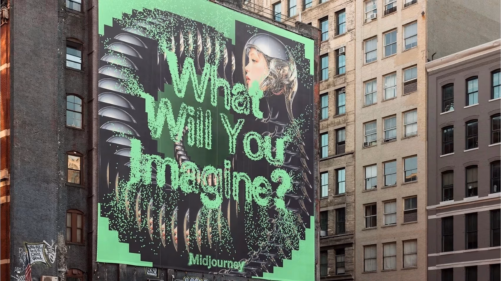 An image of a woman in a silver futuristic helmet on a background duplicated over and over in a spiral pattern that slowly gets larger on a green background. Particles form the words "What Will You Imagine?" and "Midjourney" in smaller text at the bottom.