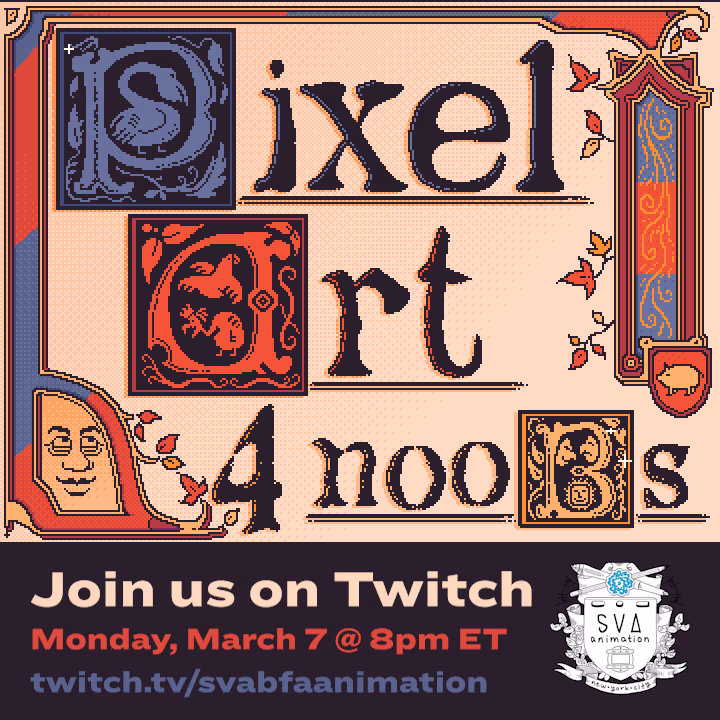 Pixel art design with title "pixel art 4 noobs" displayed with SVA logo 