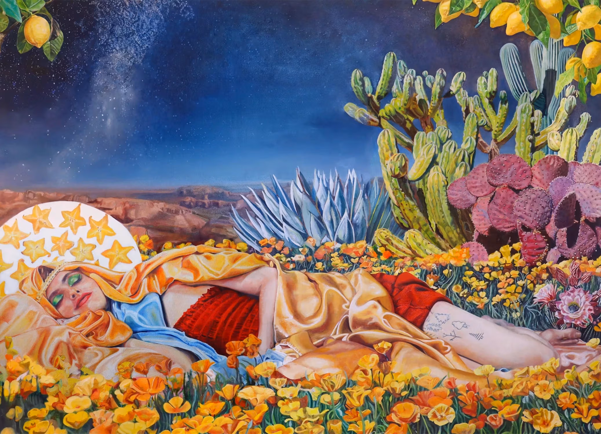 A woman with a yellow silk headdress, a red dress, green eyeshadow, and tattoos of trees lies in a field of flowers with cacti and a desert behind her. The night sky is starry and behind her is a circle adorned with what looks like cross sections of starfruits.