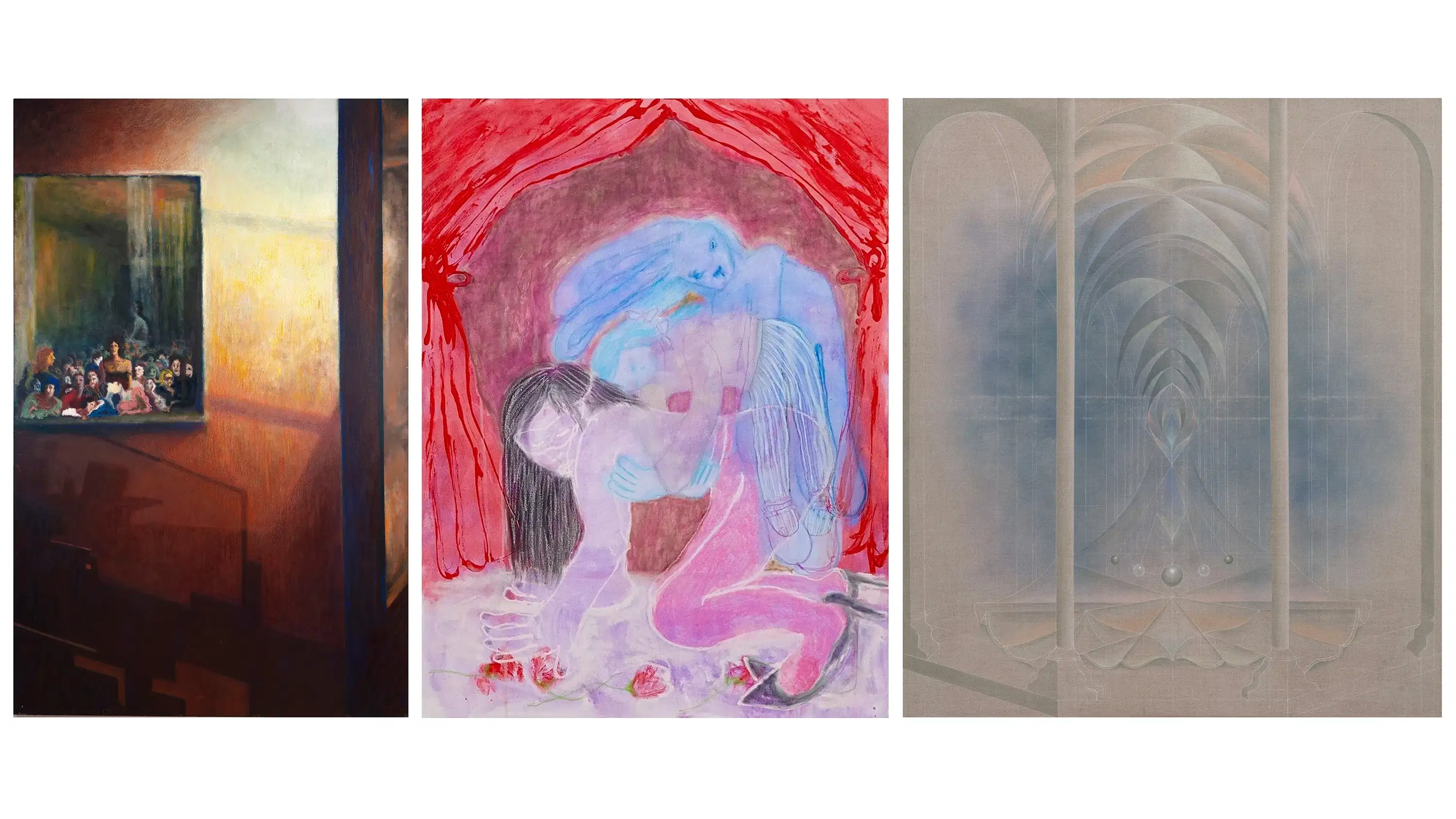 three paintings, the leftmost of a canvas hung on a wall in a room, the center of a figure against a red wall, and the rightmost two arches in a blue tinted landscape