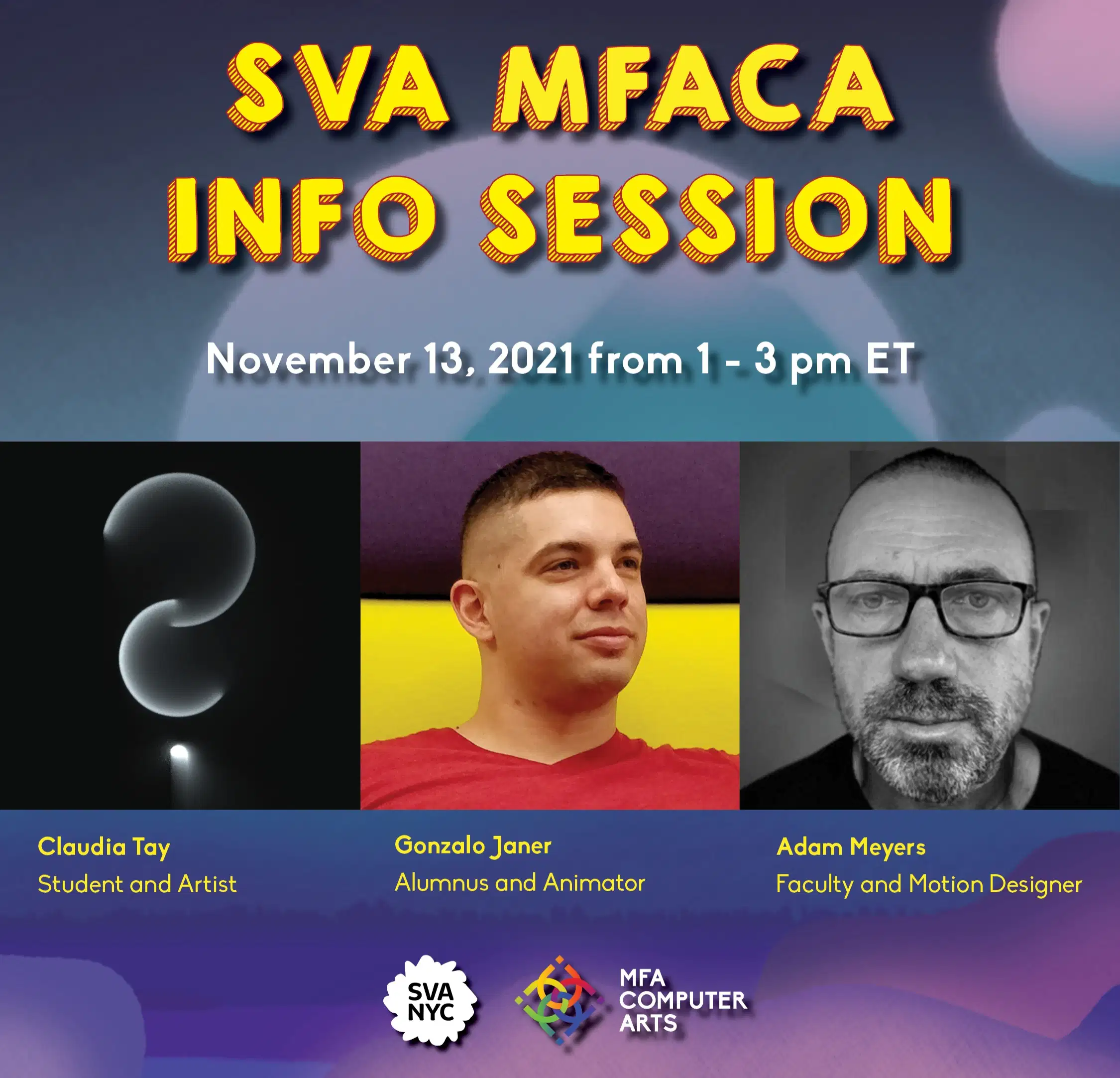 Claudia Tay, faculty and motion designer Adam Meyers and alumnus and Nickelodeon animator Gonzalo Janer (MFA 2017 Computer Art).