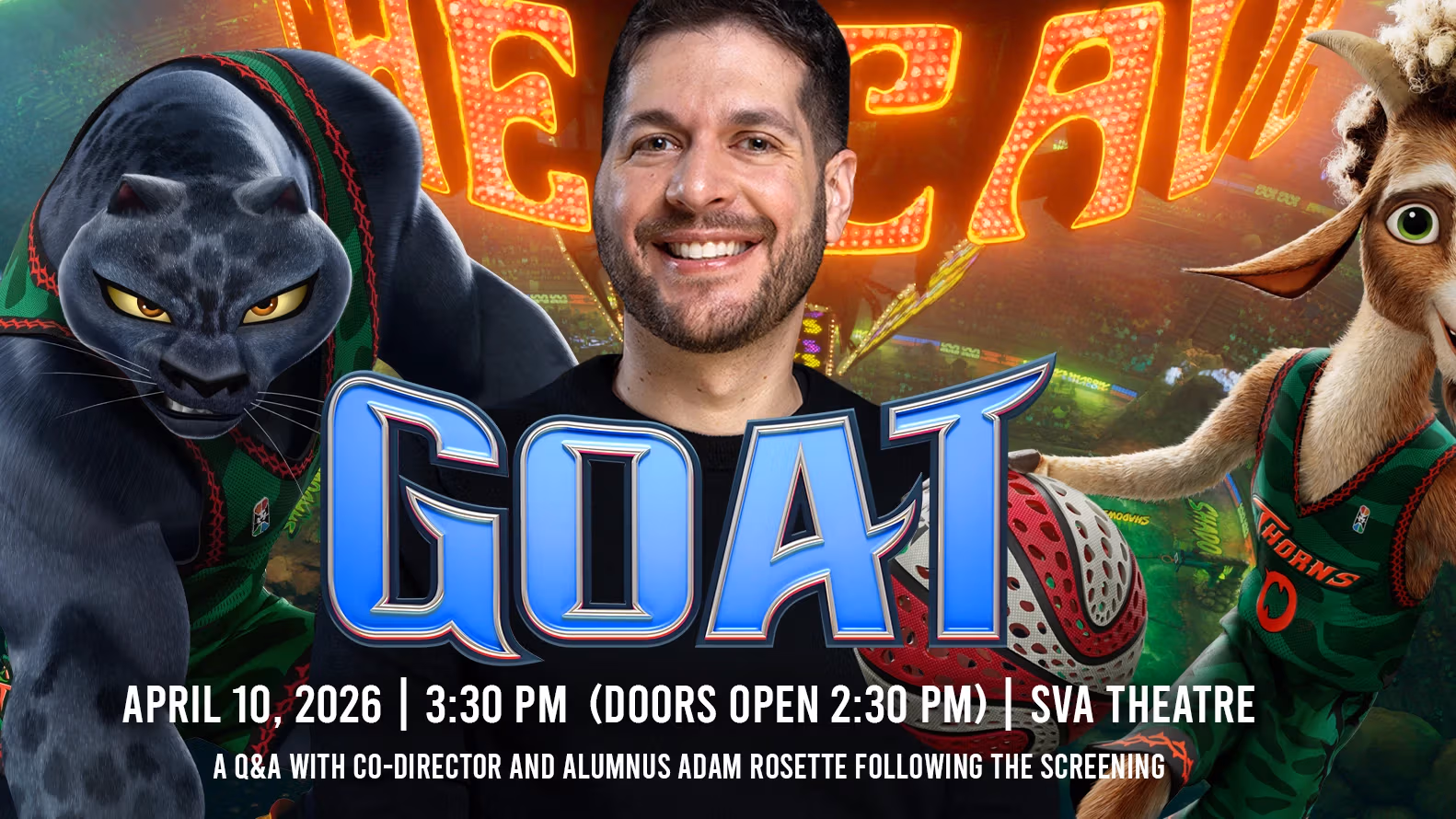 GOAT in blue lettering across an event graphic, two animated characters, and one human individual posing.