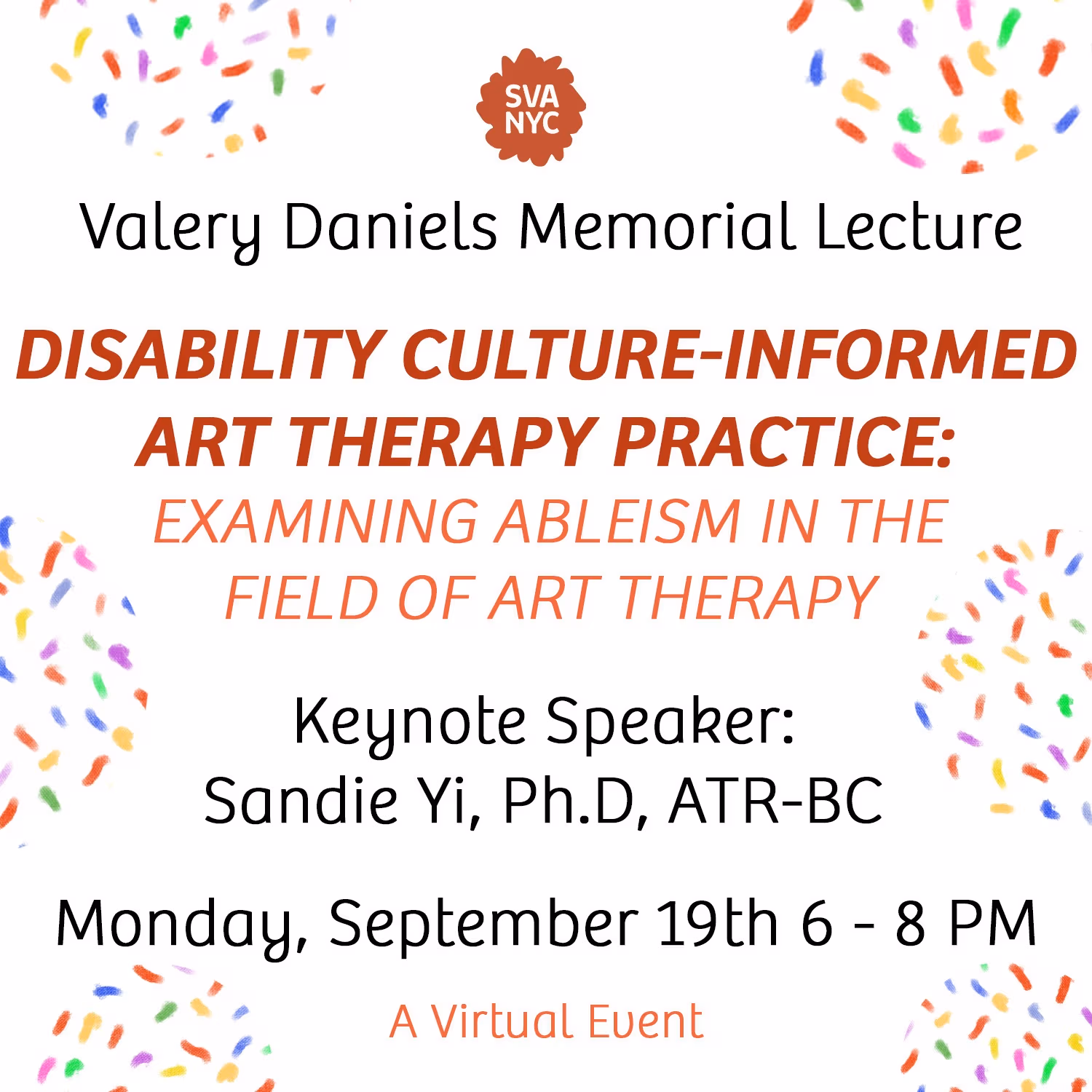 Text graphic listing event details in red and black type bordered by multicolored brush-like lines inside circular shapes.