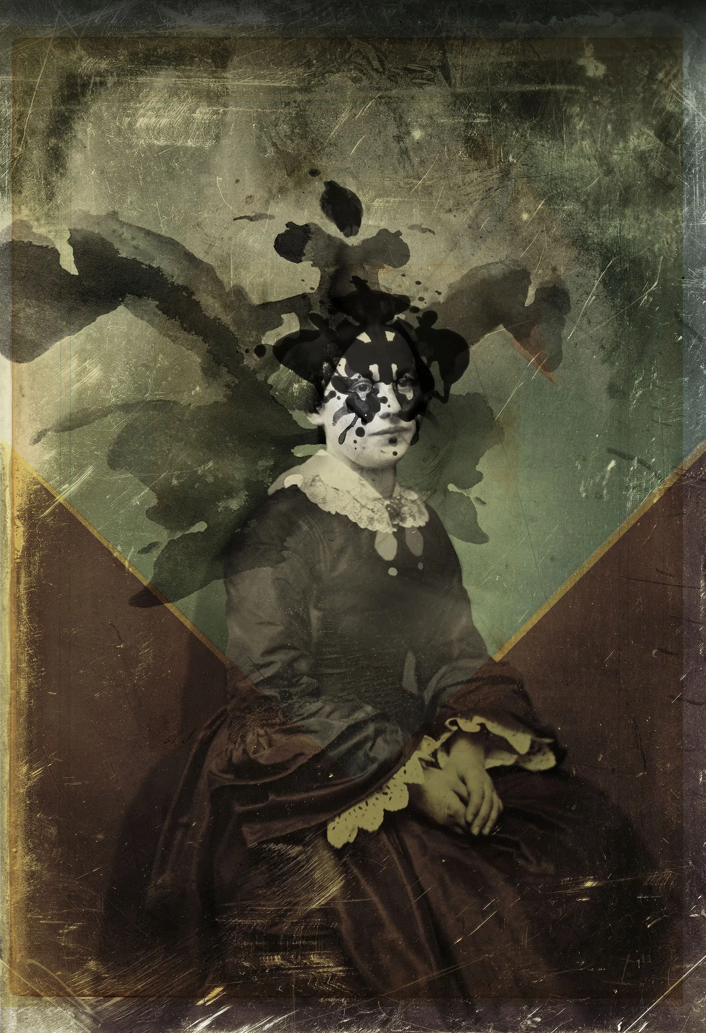 Ink rorchach pattern printed on an 19th century black and white photo portrait of a young woman.