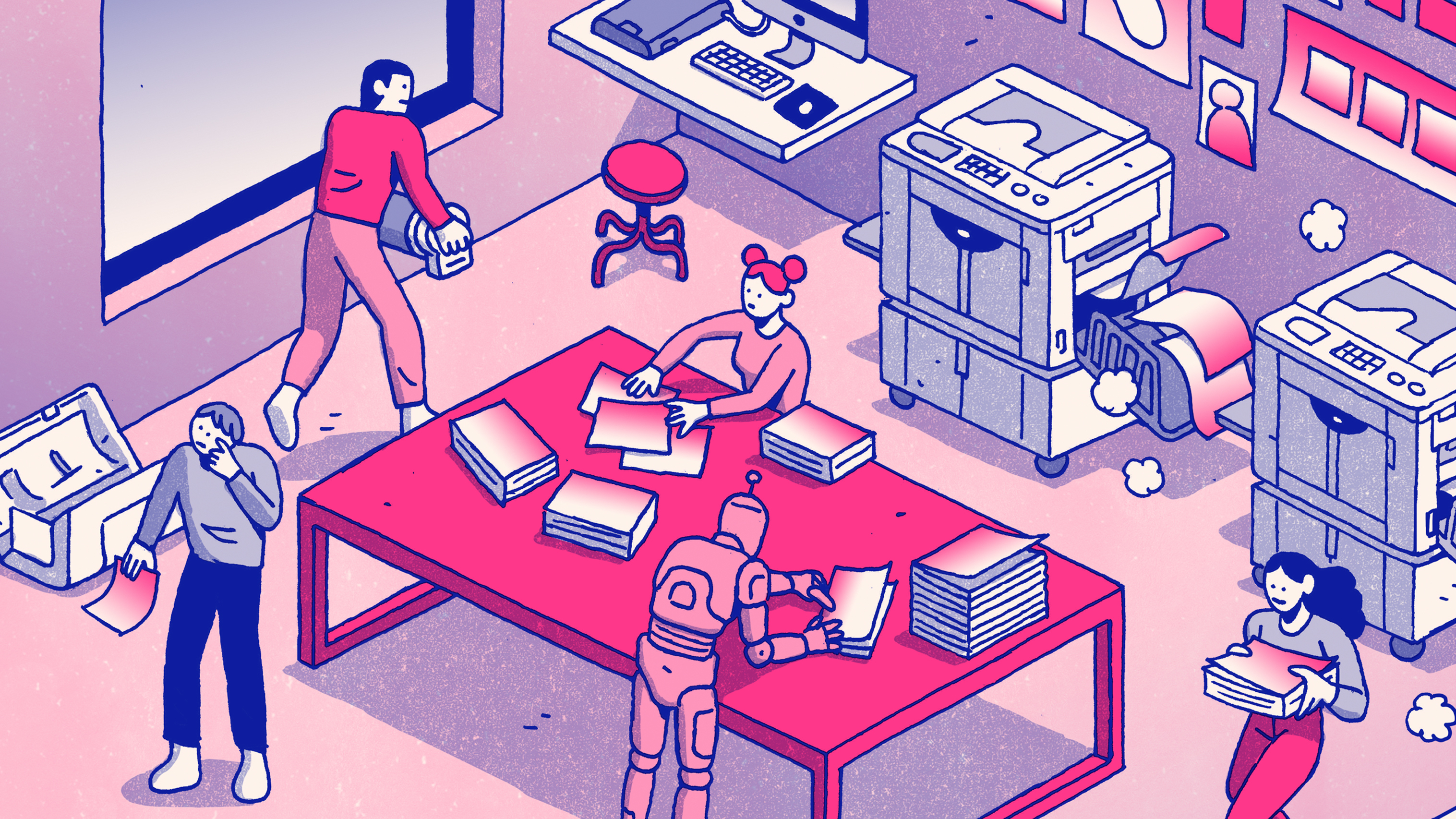 illustration of people working in a printing studio.  Images is in hues of pink and blue.