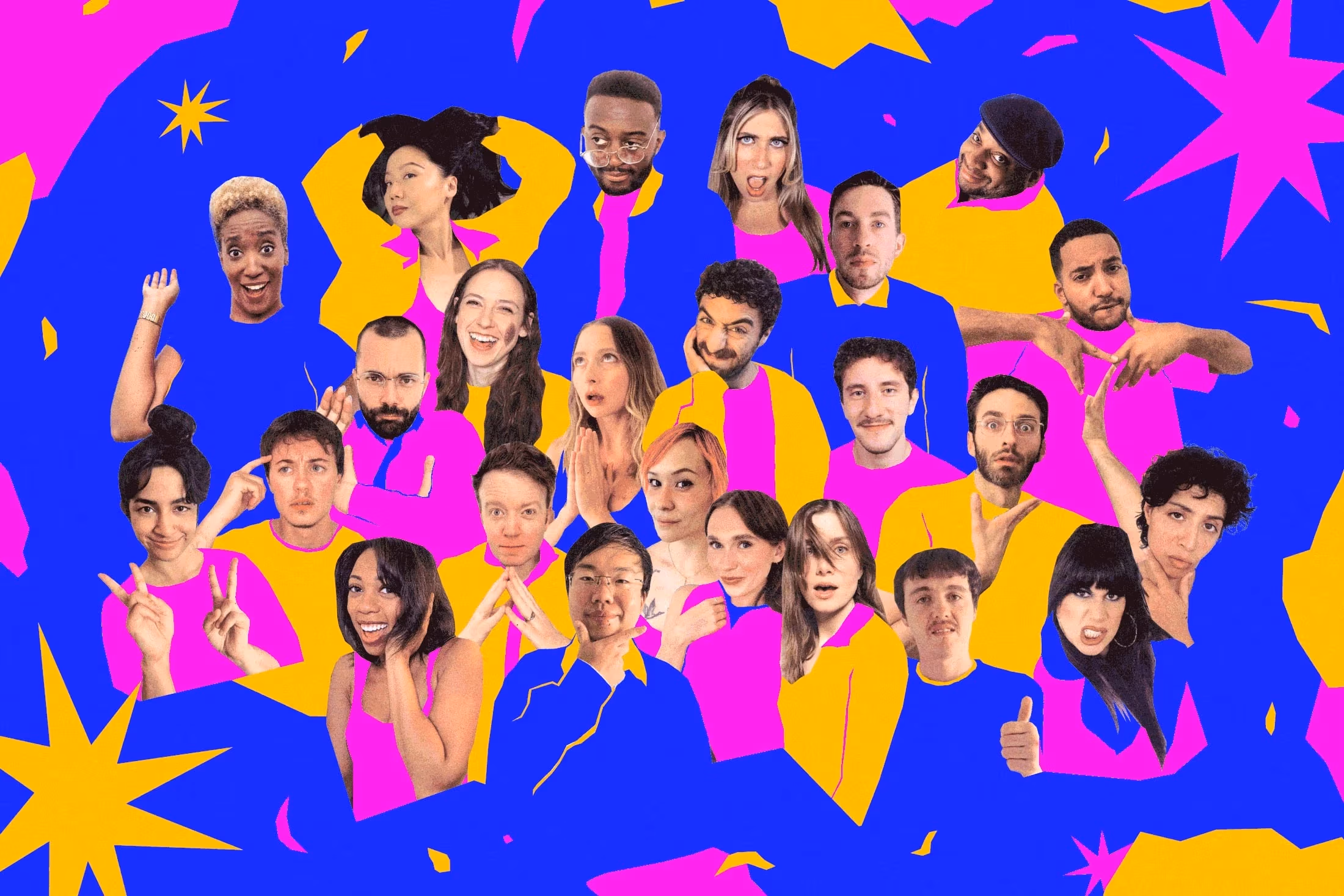 A blue, yellow and pink collage cutout image of dozens of comedians smiling and posing.