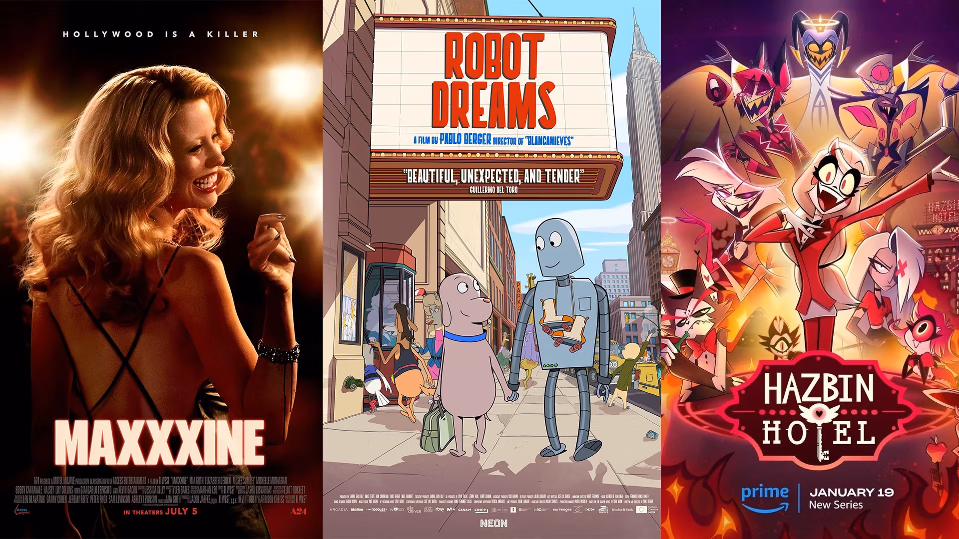 A collage of three film posters: 'Maxxxine,' 'Robot Dreams,' and 'Hazbin Hotel.' Two of them are animated films and one is a live action.