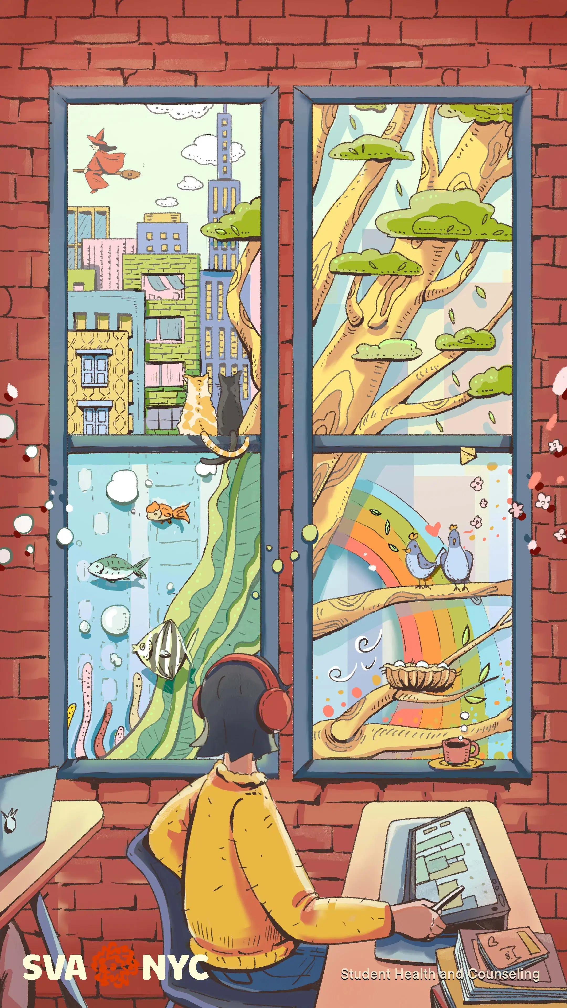 A person sits at a desk in front of a window. Out the window is a colorful world of plants and animals