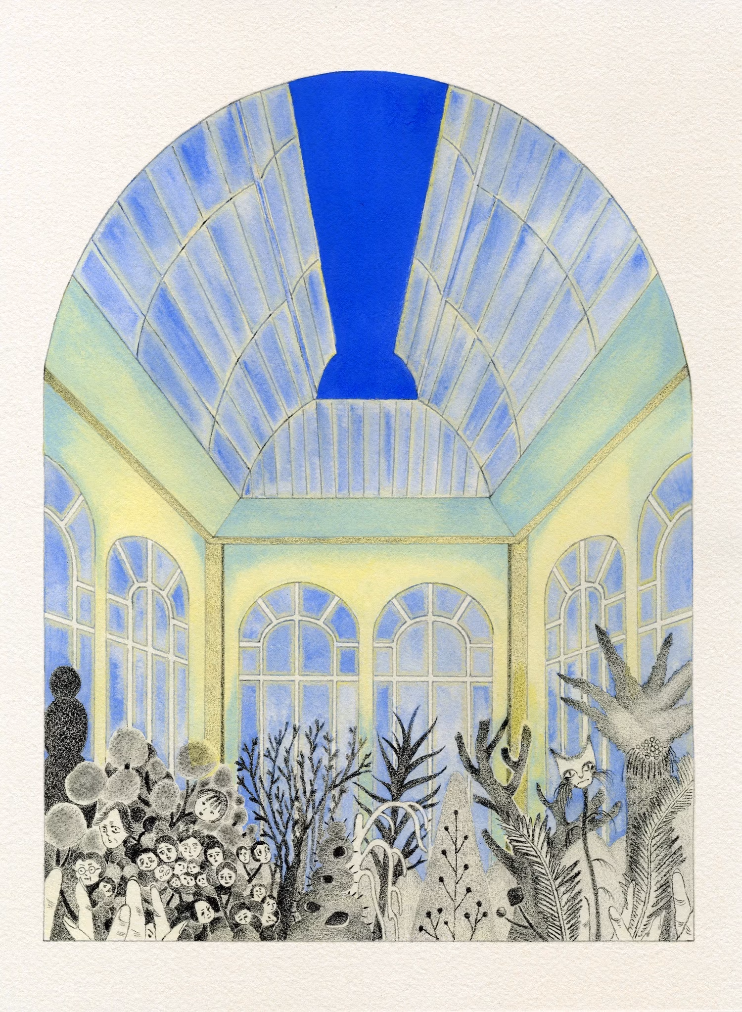 Plants and the family tree in the cabinet grow in the greenhouse during the evening. 