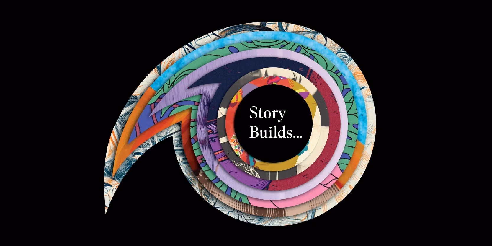horizontal apostrophe shape containing layered colorful art leading to a black circle with the words story builds. 