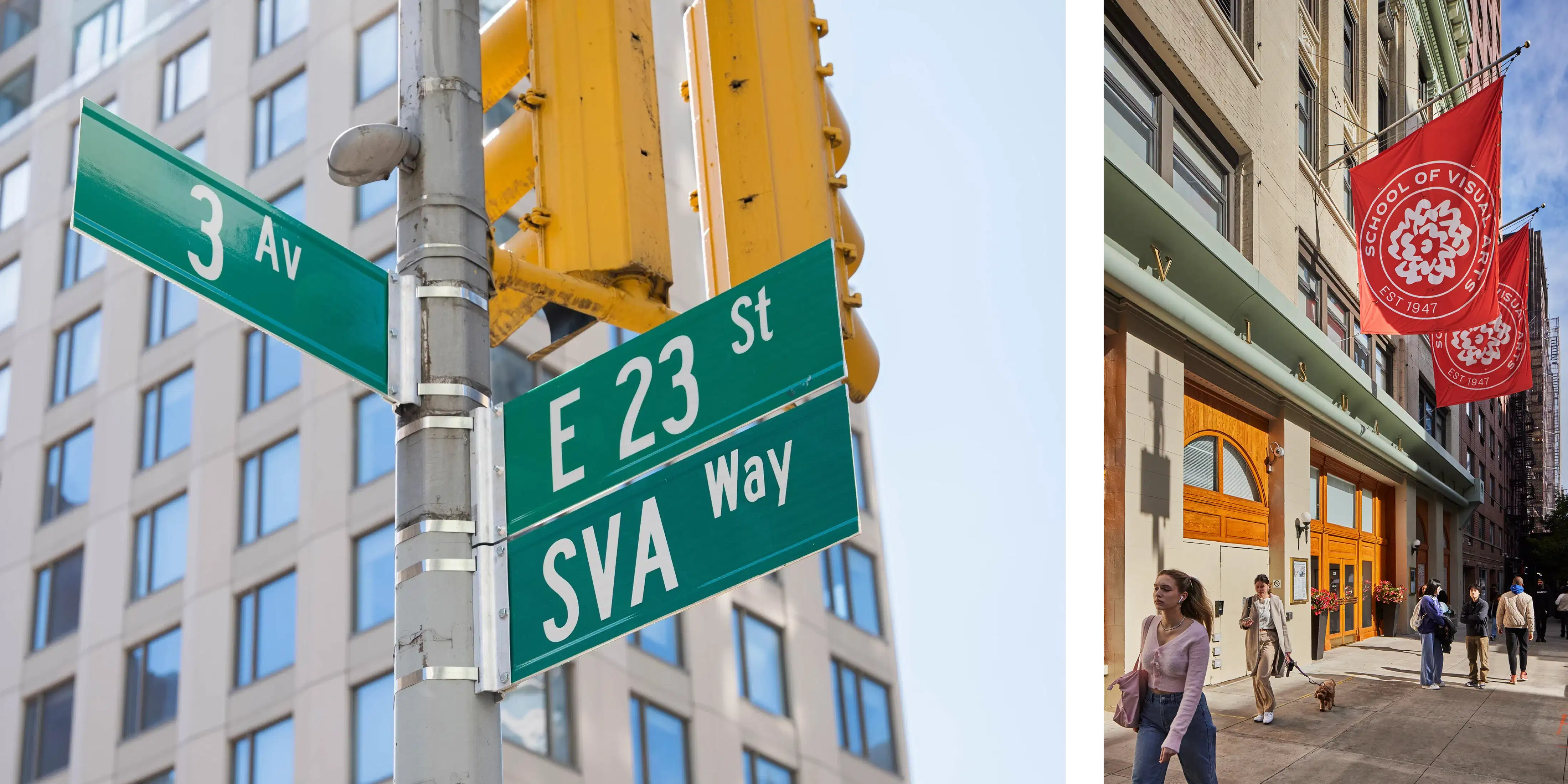 The 3rd Avenue and East 23rd Street Corner Signs with an official “SVA Way” sign underneath (Left); The 23rd Street building with two SVA NYC banners hanging above as students stand below.