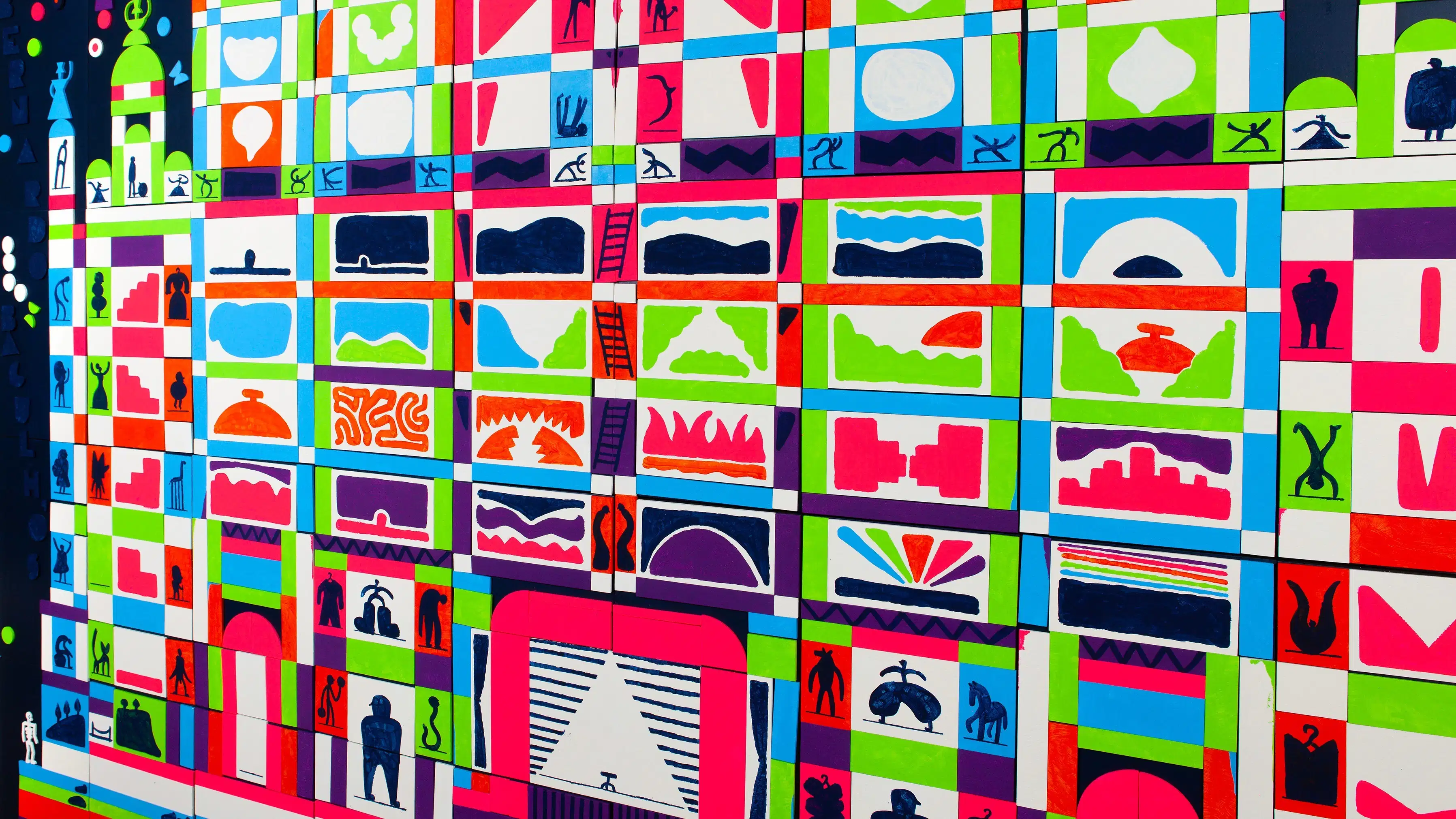 Graphic mural painting comprised of many rectangular shapes in bright red, blue, white and green featuring small black human figures