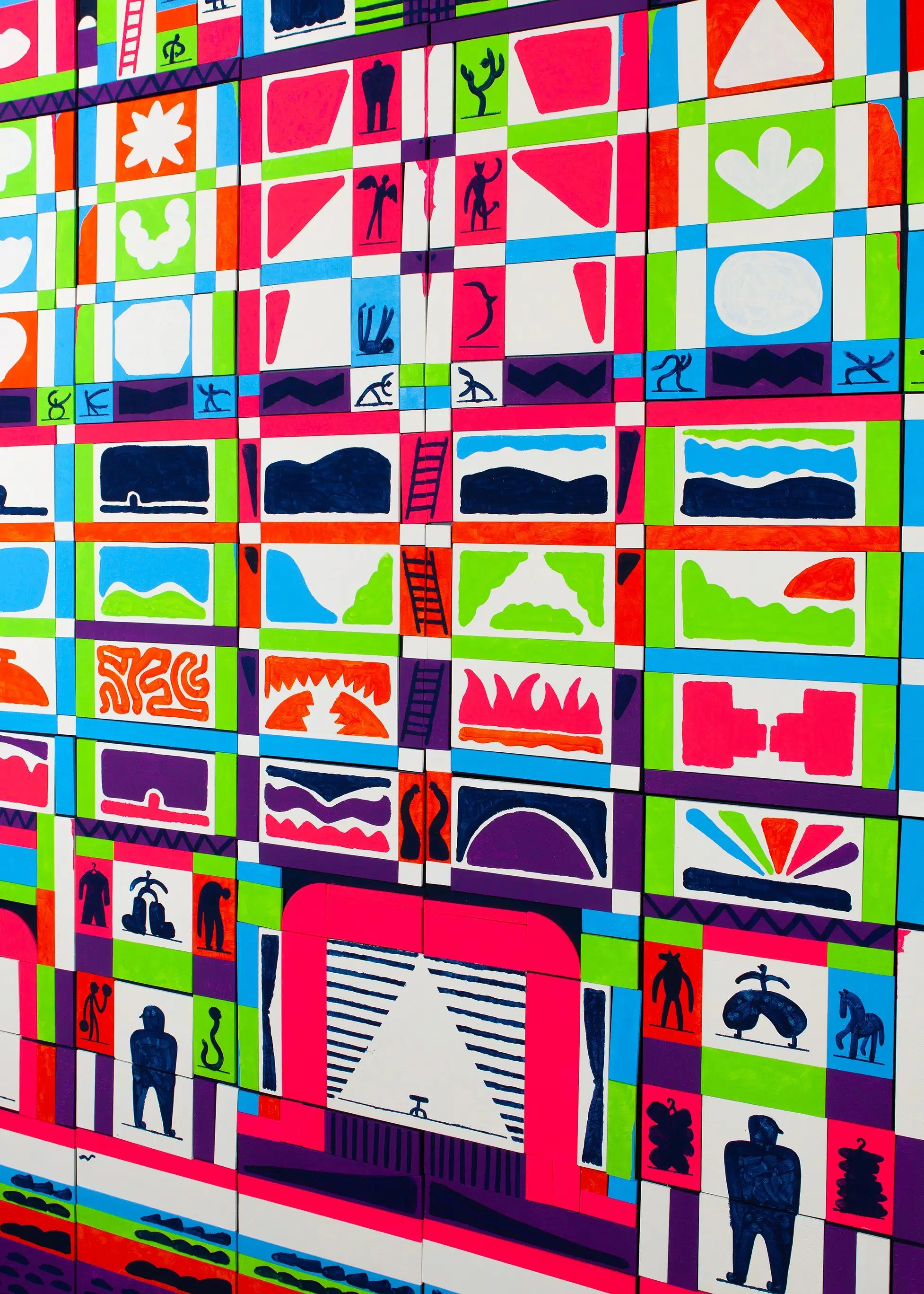 Graphic mural painting comprised of many rectangular shapes in bright red, blue, white and green featuring small black human figures