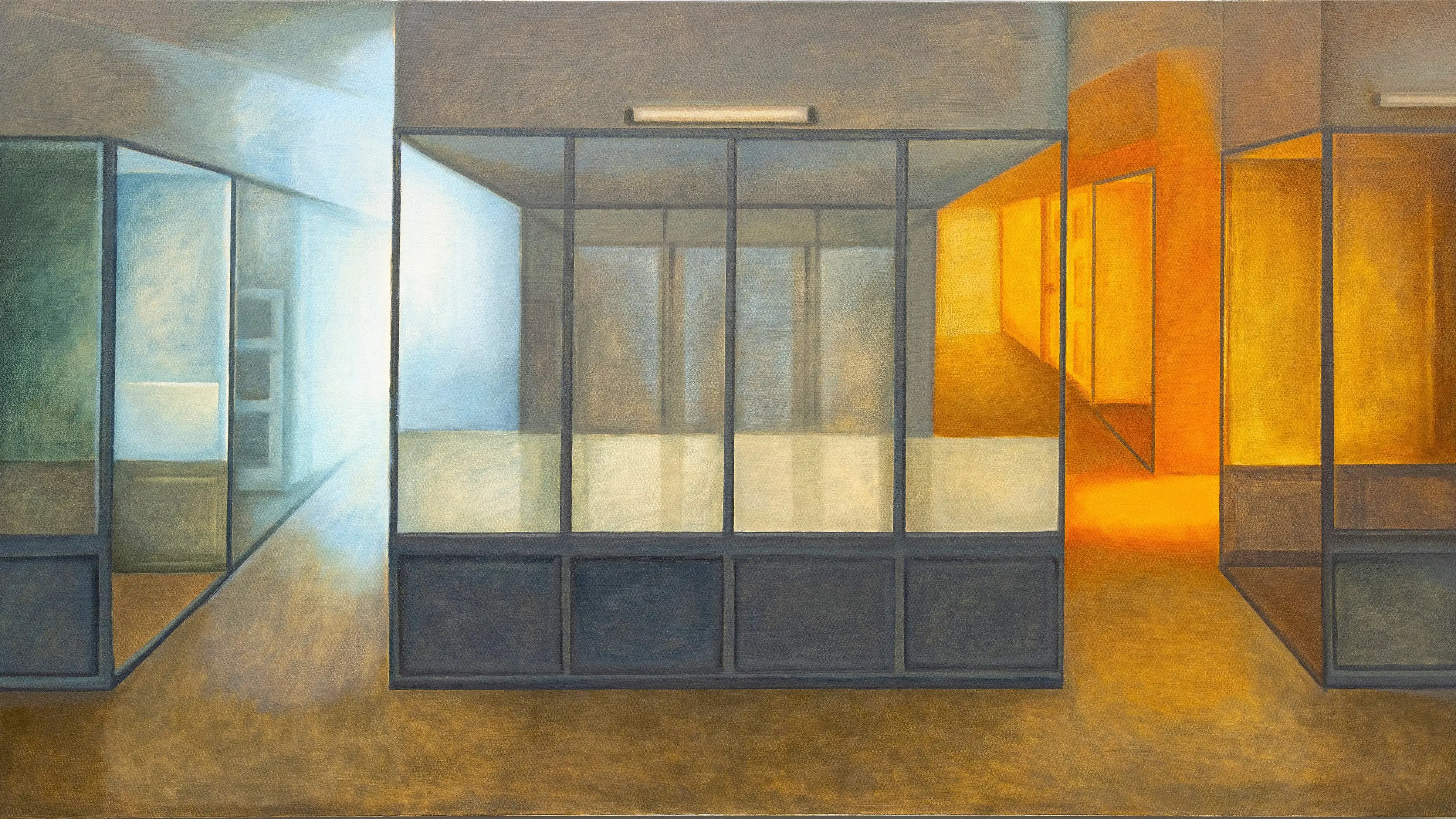 Architectural painting in muted dark gray, brown and tan colors featuring multiple rectangular divider panels and with misted orange and blue theatrical lighting