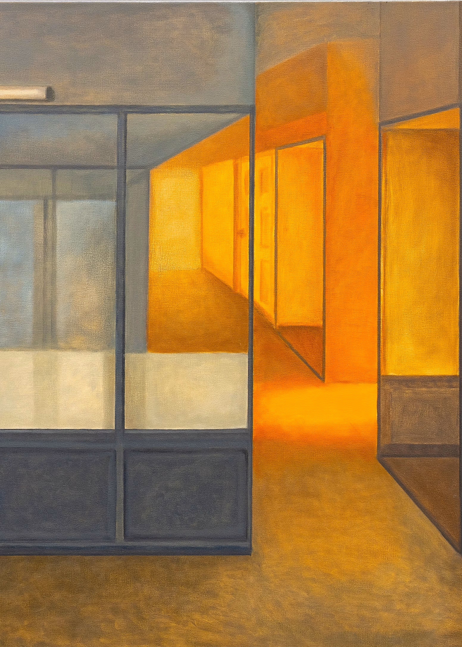 Architectural painting in muted dark gray, brown and tan colors featuring multiple rectangular divider panels and with misted orange and blue theatrical lighting