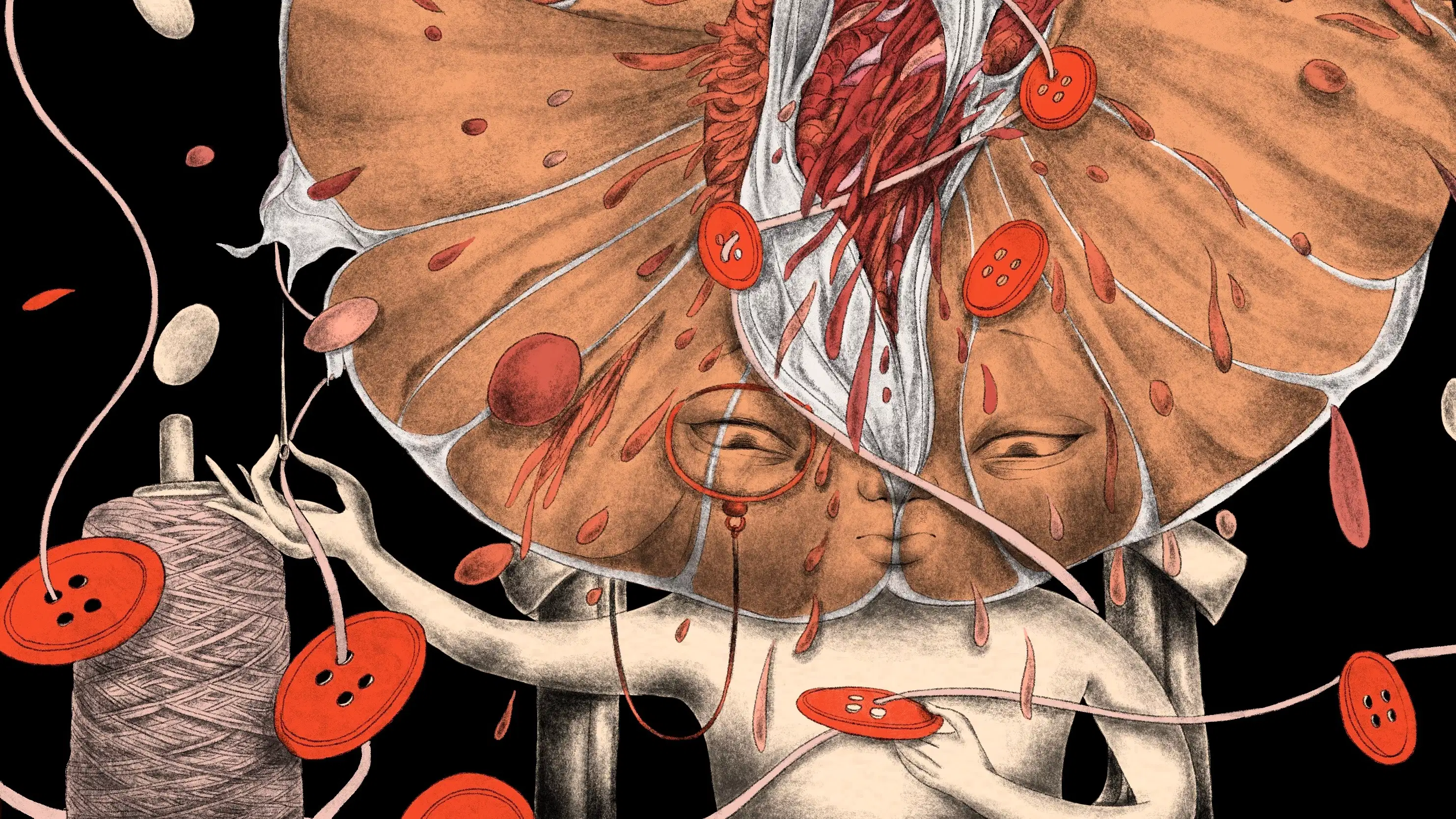 Monochromatic mixed media drawing featuring a surreal storybook character sewing bright red buttons with a need and thread onto a vegetable-shaped head.