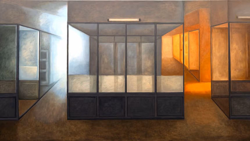 Architectural painting in muted dark gray, brown and tan colors featuring multiple rectangular divider panels and with misted orange and blue theatrical lighting