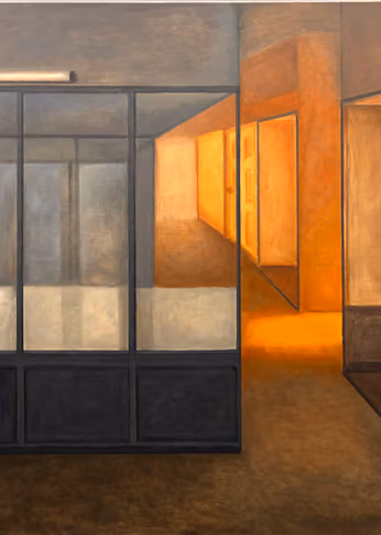 Architectural painting in muted dark gray, brown and tan colors featuring multiple rectangular divider panels and with misted orange and blue theatrical lighting