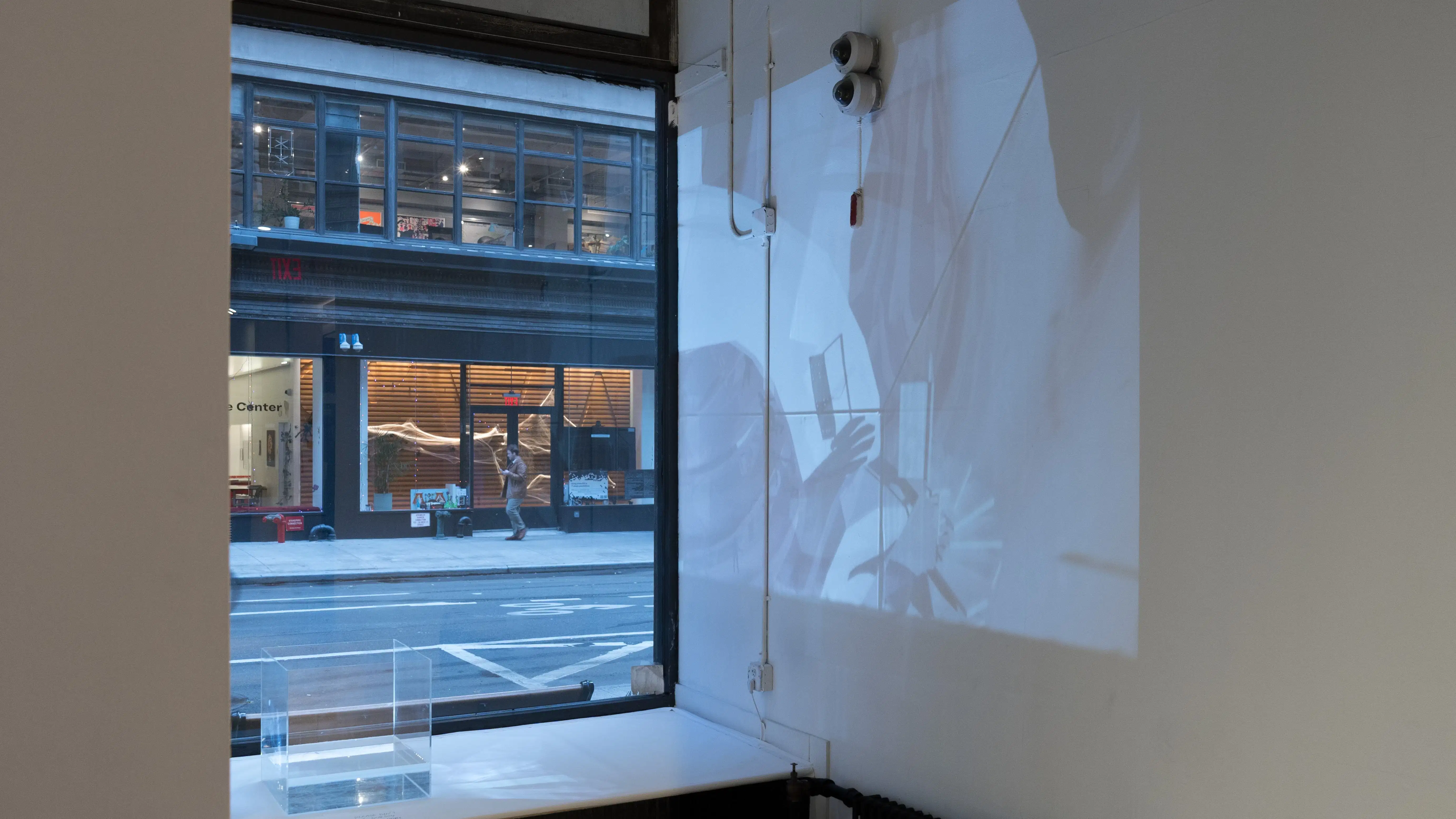 In a nook at the end of the hallway, a light, bluish projection shines on the wall. The objects shown in the projection are not clear. A clear cube containing a few inches of water sits on the windowsill, left of the projection.