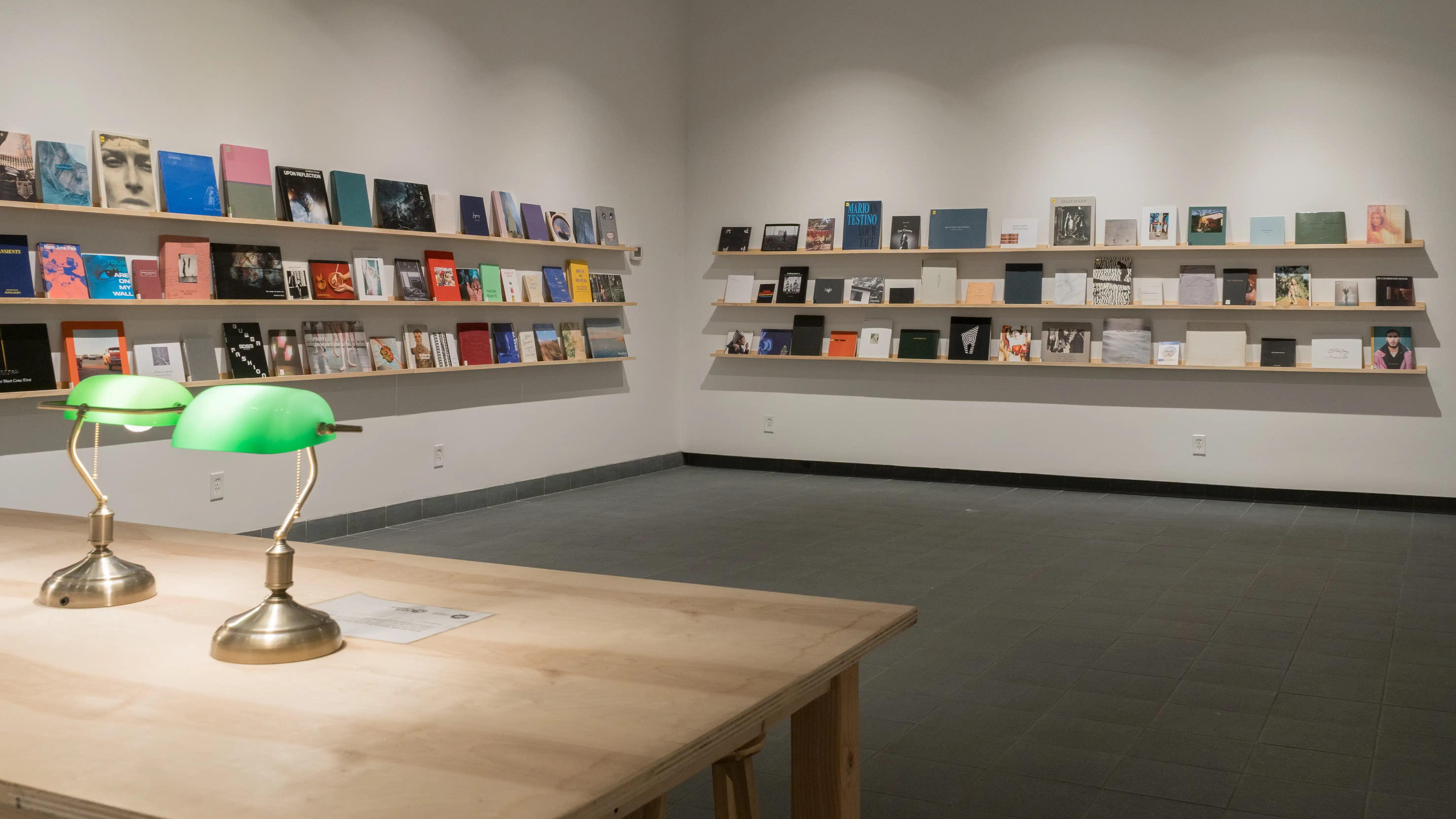 Each of the two visible walls is lined with three long, wooden shelves. Front-facing books fill all of the shelves. A wooden table and some green table lamps are visible in the close foreground.