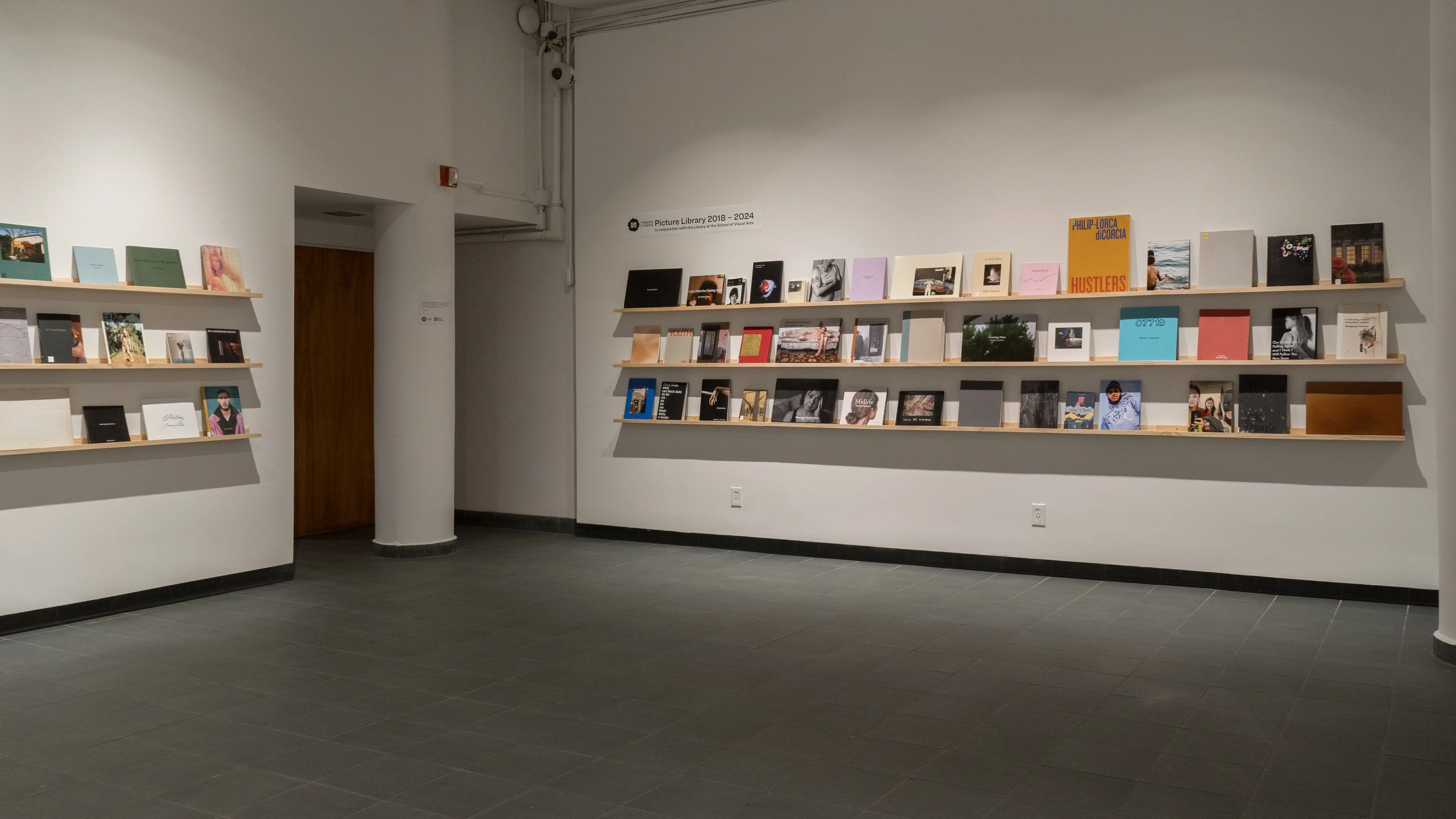 Each of the two visible walls is lined with three long, wooden shelves. Front-facing books of different sizes, colors, and designs fill all of the shelves.