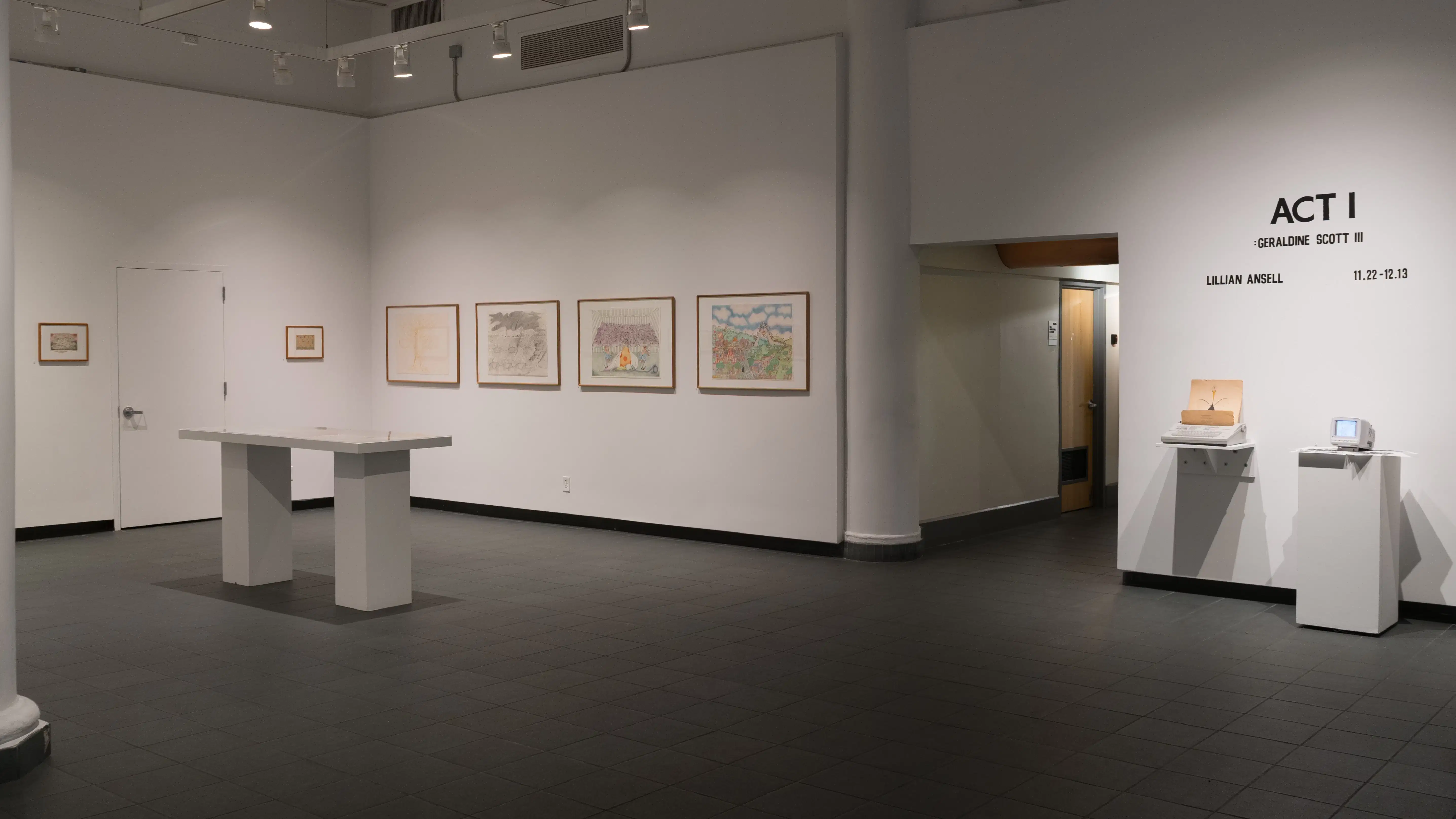 In the lobby of the SVA Gramercy Gallery, “Act I: Geraldine Scott III” is on view. Illustrated works by Lillian Ansell are displayed on the walls, in a vitrine, and on shelves.