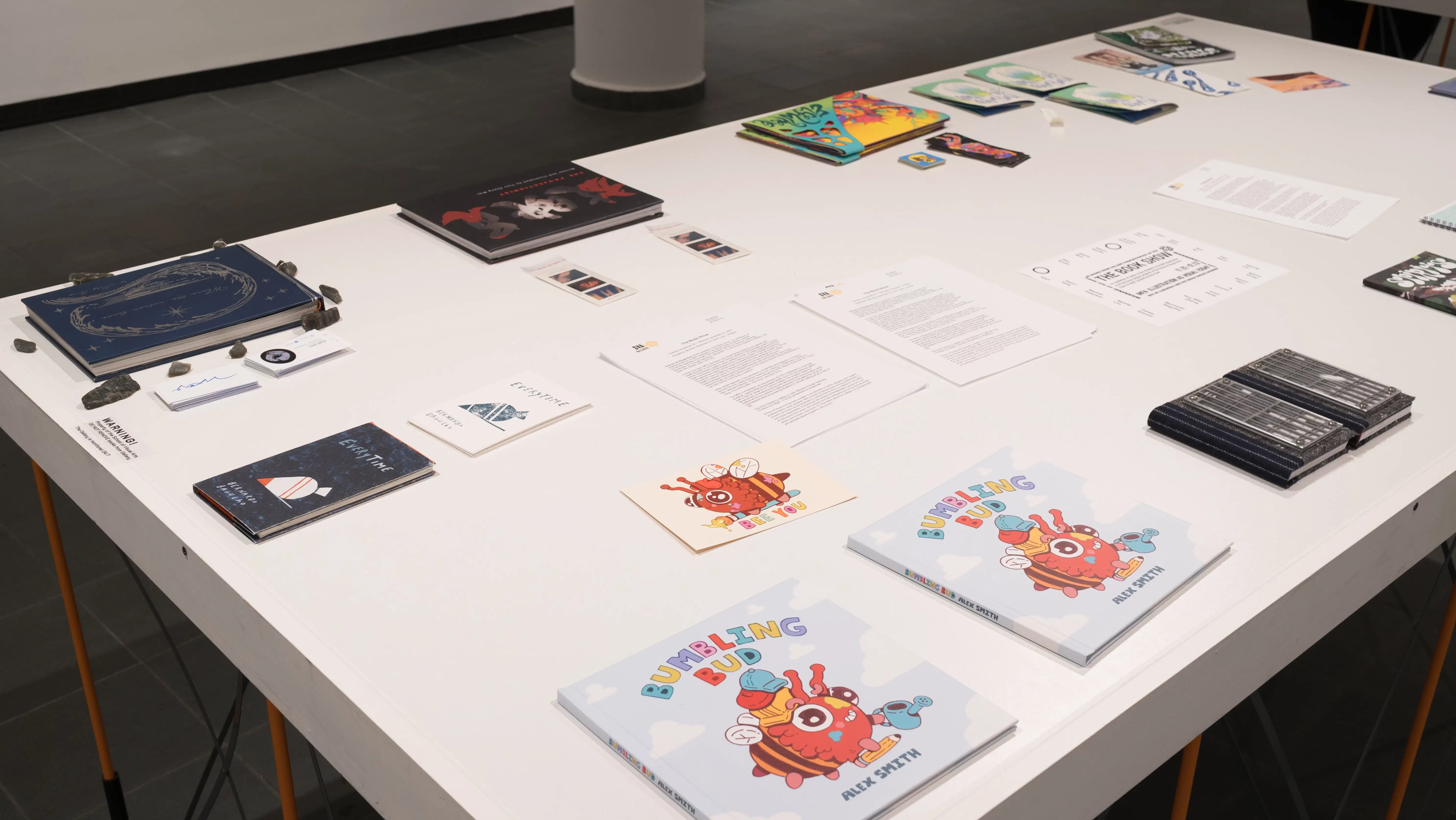 Press releases and a gallery map lay in the center of a table in the gallery. Many different books are arranged around the papers. The nearest book is titled “Bumbling Bud” and depicts a smiling red and orange bumblebee-like creature.