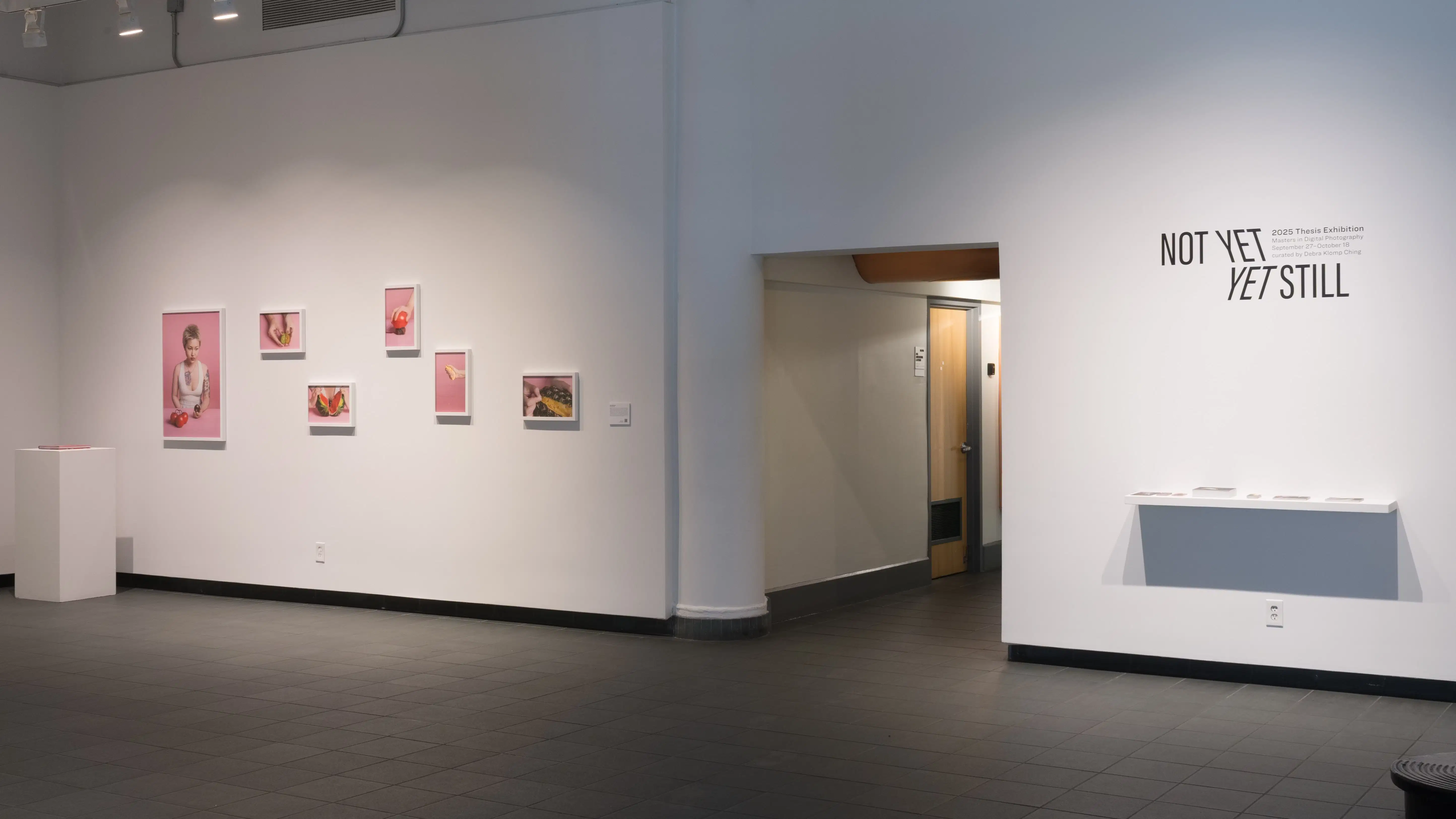 A wall with several photographs on the left, and the title of the exhibition on the right.