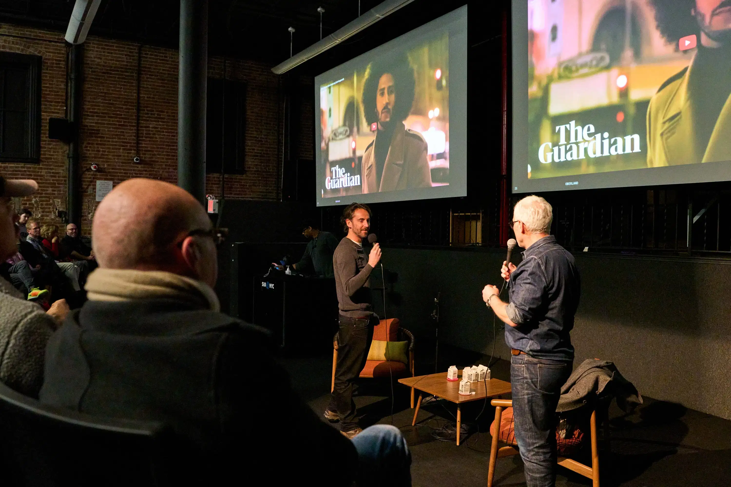 BFA Advertising instructor Jay Marsen (left) moderates a discussion with advertising mogul Bill Oberlander about purpose-driven advertising for social change.