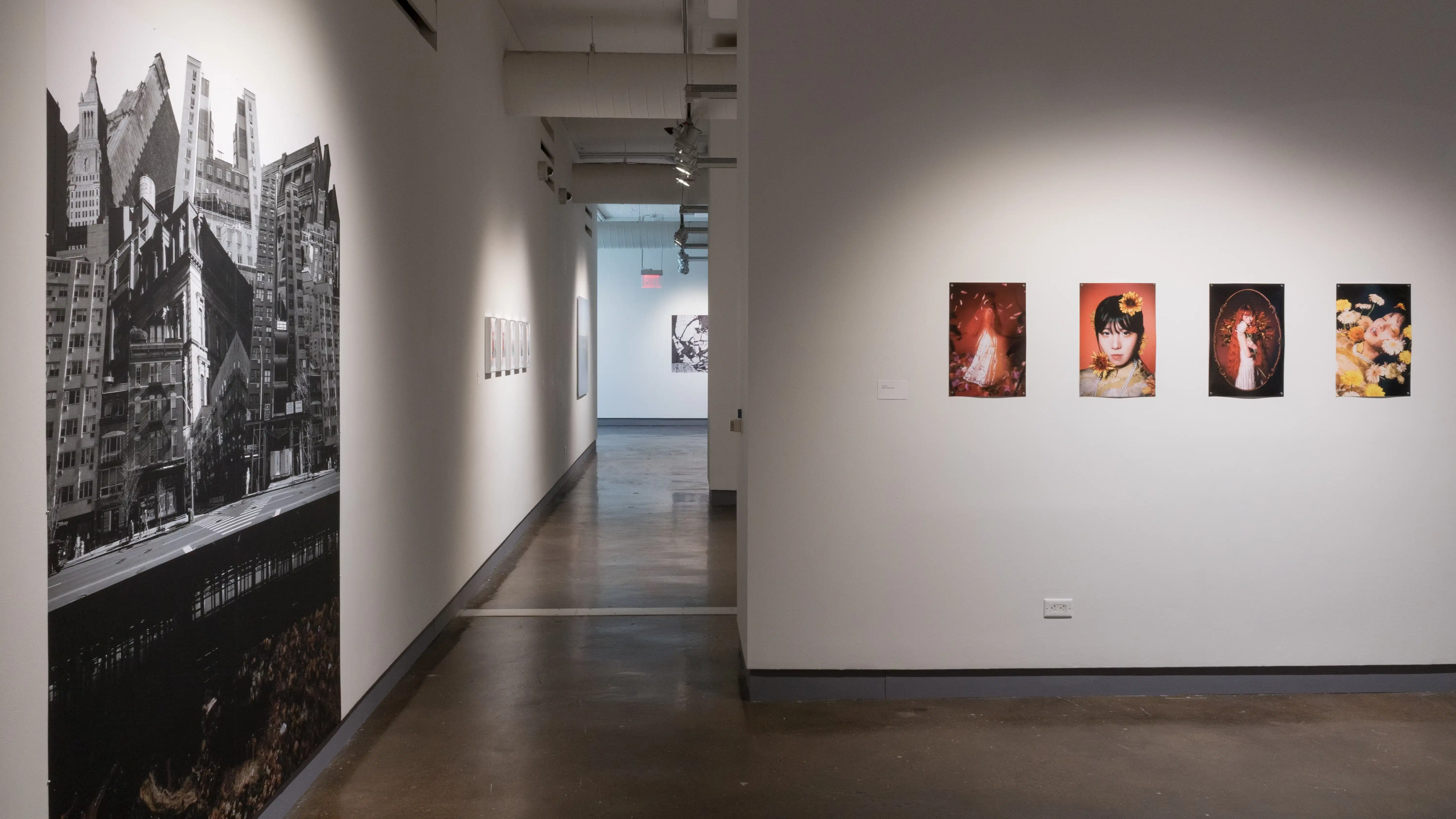 A large vinyl photograph of overlapping buildings takes up much of the wall in the gallery’s hallway. A row of four photographs featuring a model is pinned to the wall perpendicular to it.