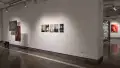On a wall in gallery two, five vertical, unframed photographs are pinned side by side. Each photograph depicts a white silhouette in a mundane environment. To the left, three prints of black and red photographs are suspended on different planes so that they hang in front of each other.