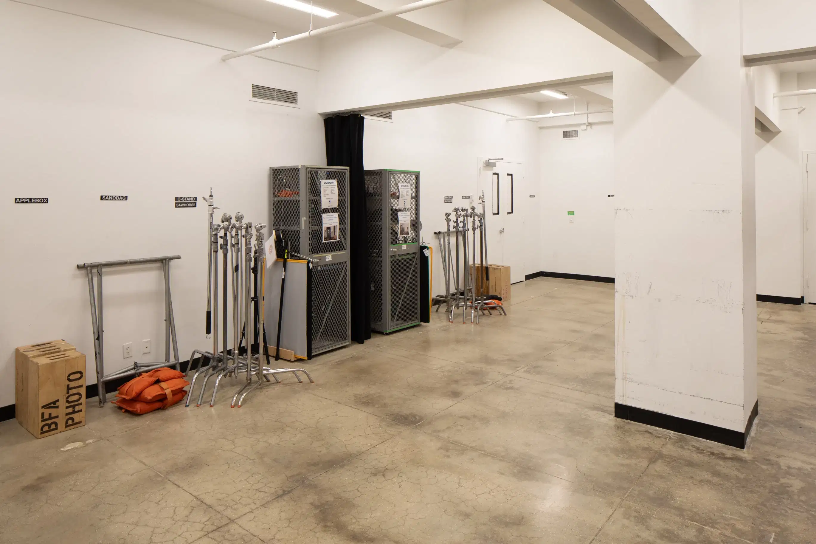 A large open studio with equipment along the walls