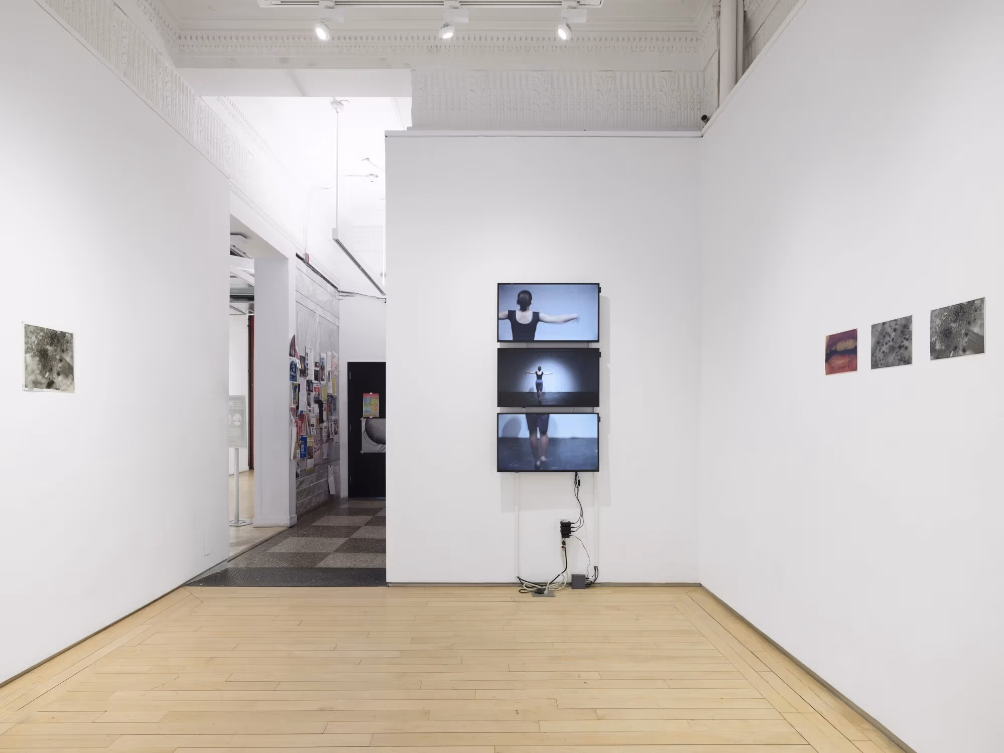 The entrance to the Flatiron Project Space with three screens on the center wall, and a hallway behind it.