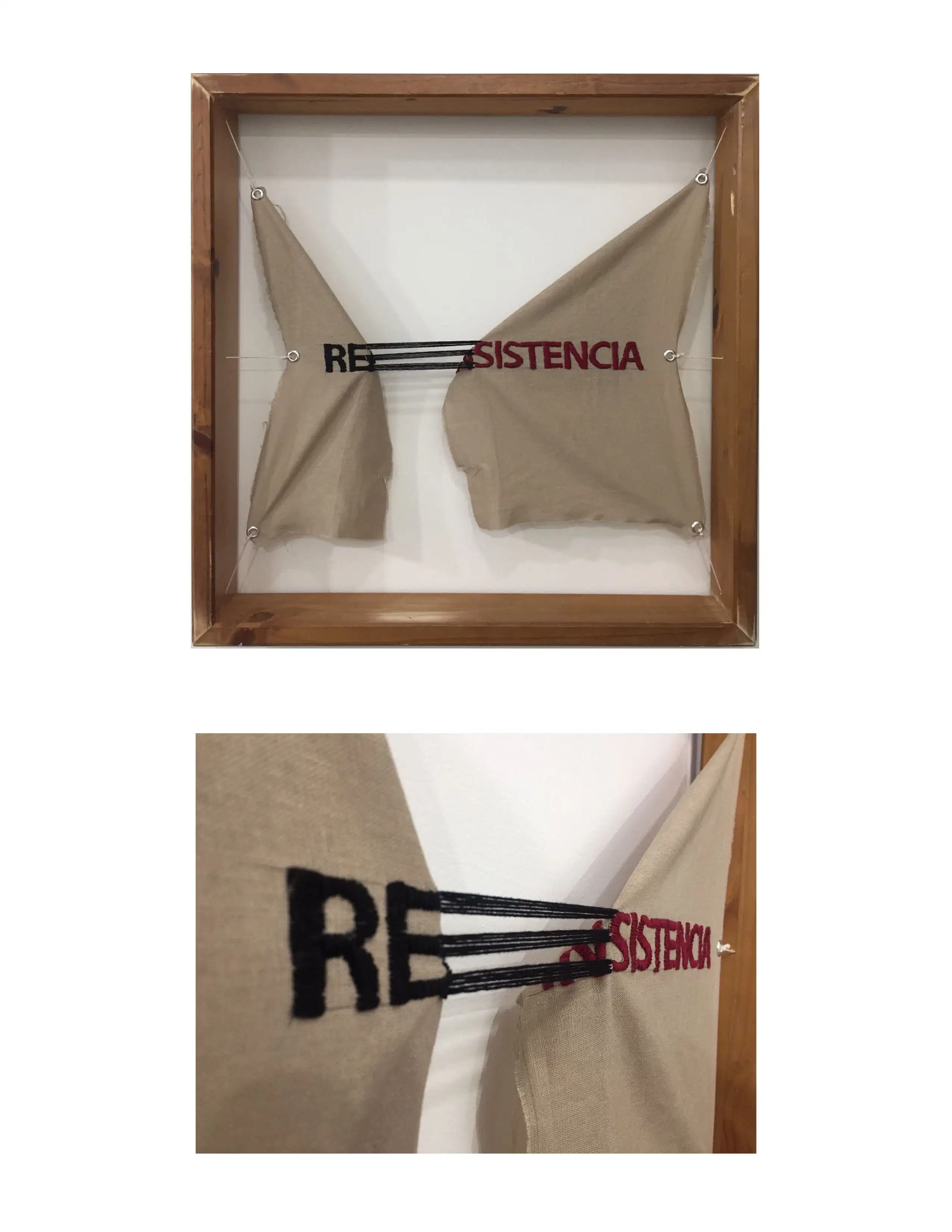 A framed woven art piece with the word "Resistencia" stitched on canvas.
