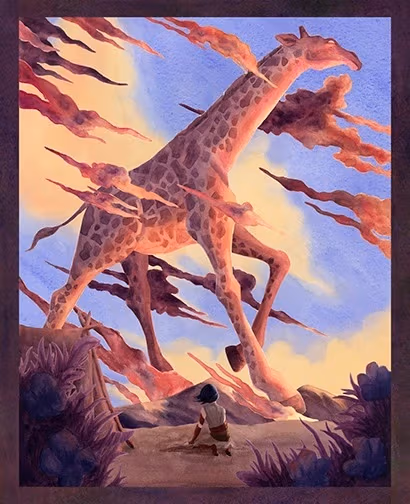 Rowan, the young explorer, is on her knees watching a huge giraffe crossing a sea of pink and pale violet clouds walk in front of her in the distance. 