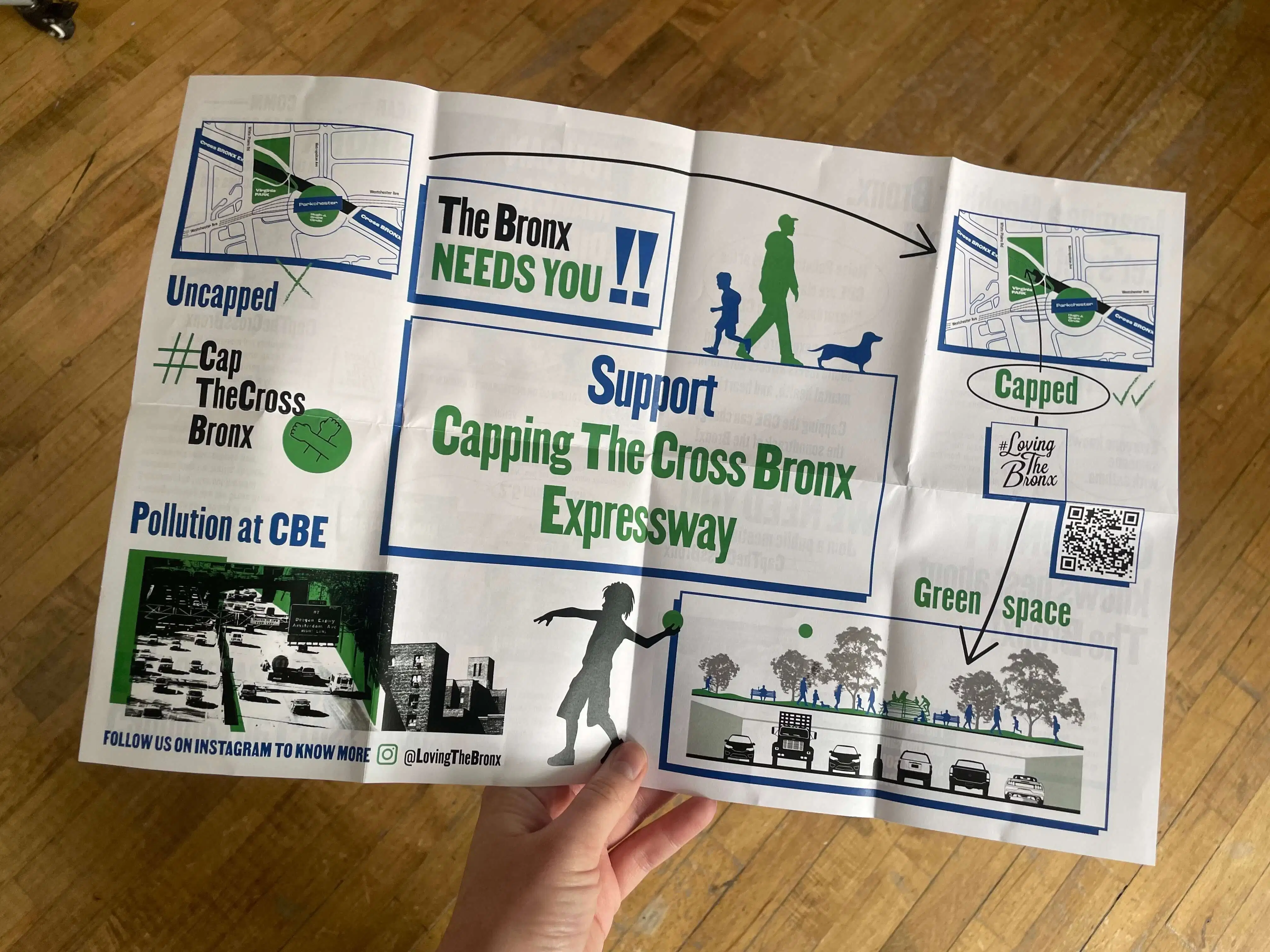 White poster with information about Support Capping the Cross Bronx Expressway