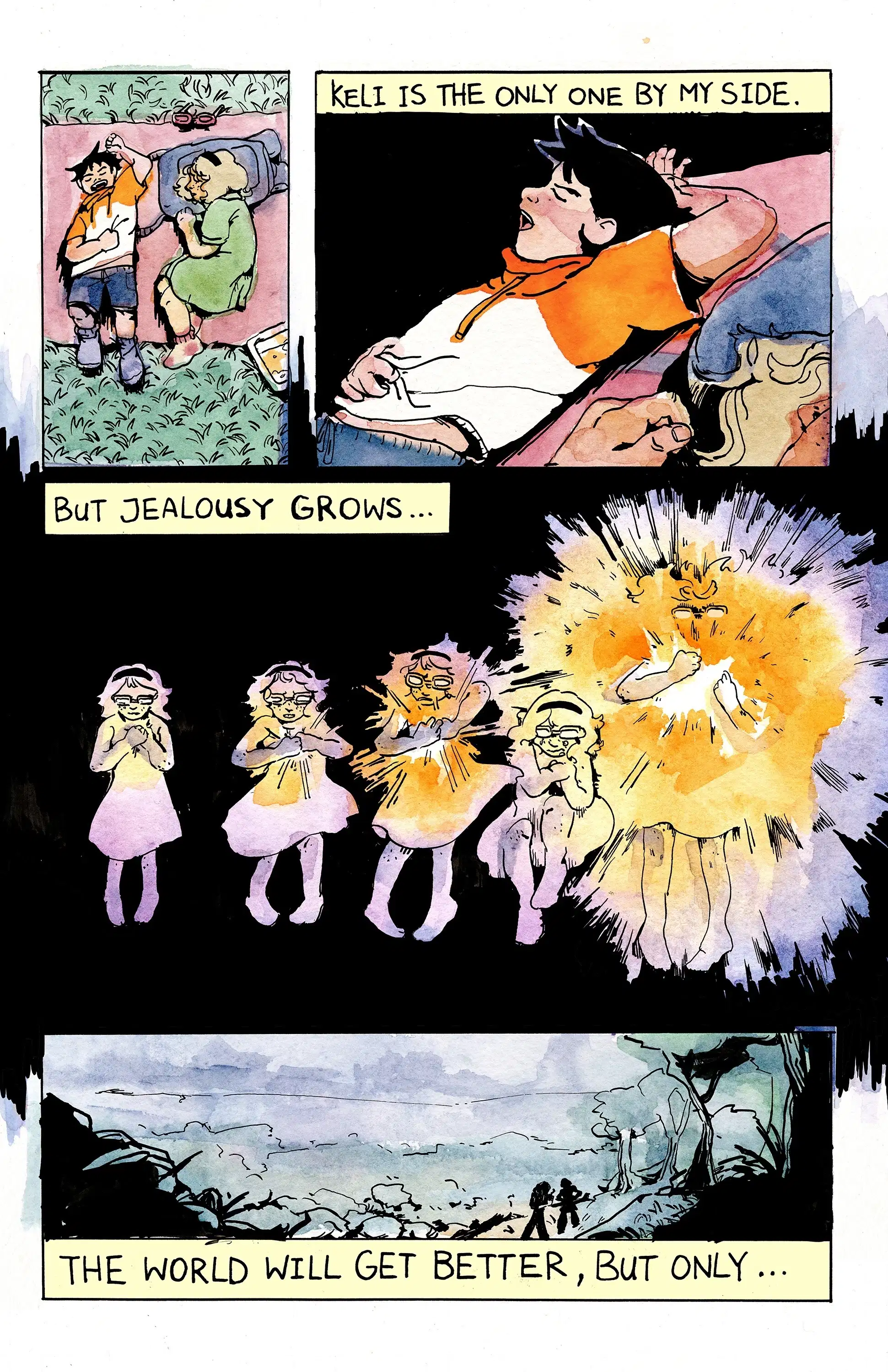 Comic page consisting of four panels shows two children laying on a pink blanket on a field of grass. 
