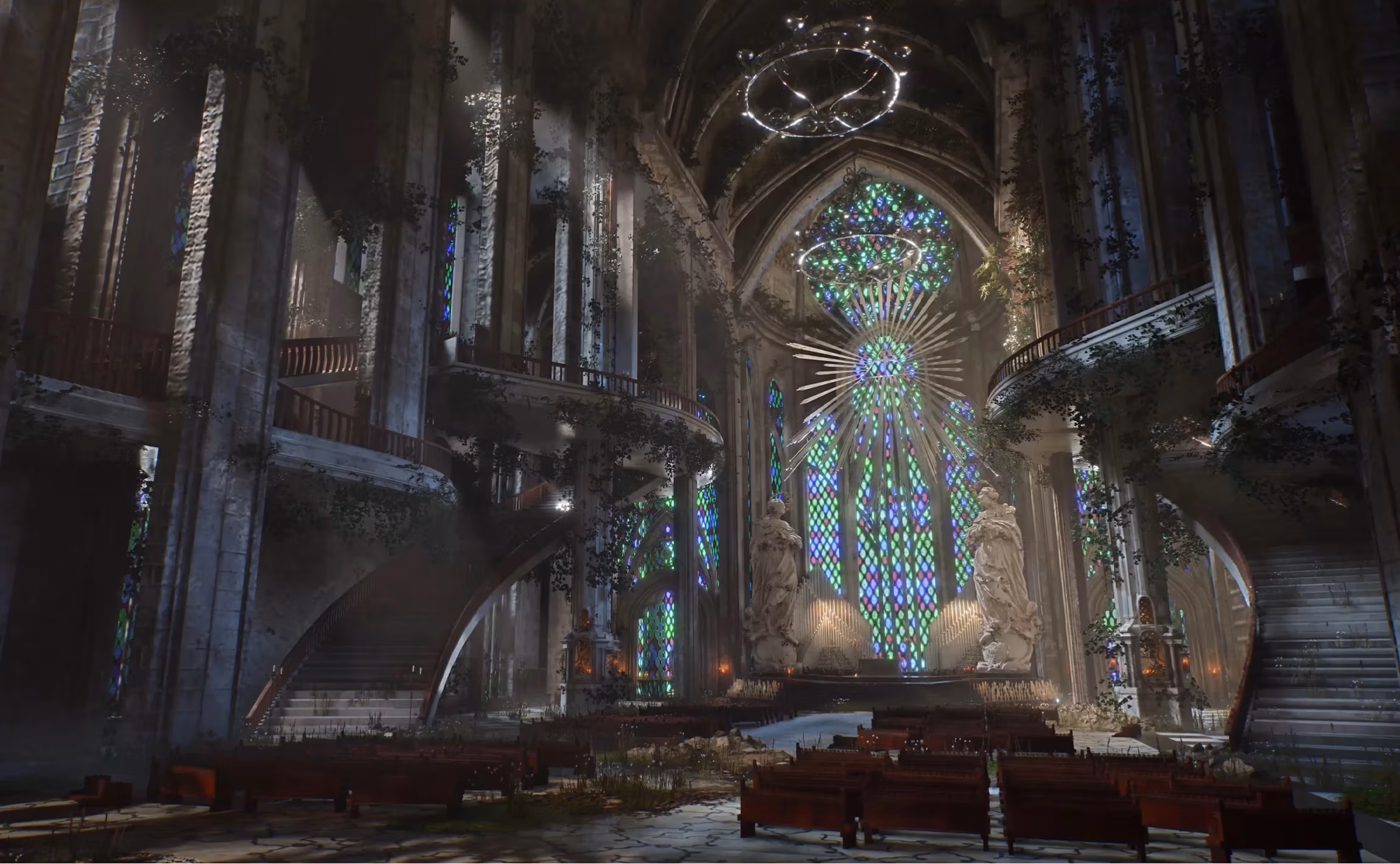 A more dimly lit render of the front of the grand cathedral. The shadows are cool toned and the lighting is slightly warm toned. There are still vines snaking up the walls and pillars, but the stained glass and statues seem rather unaffected.