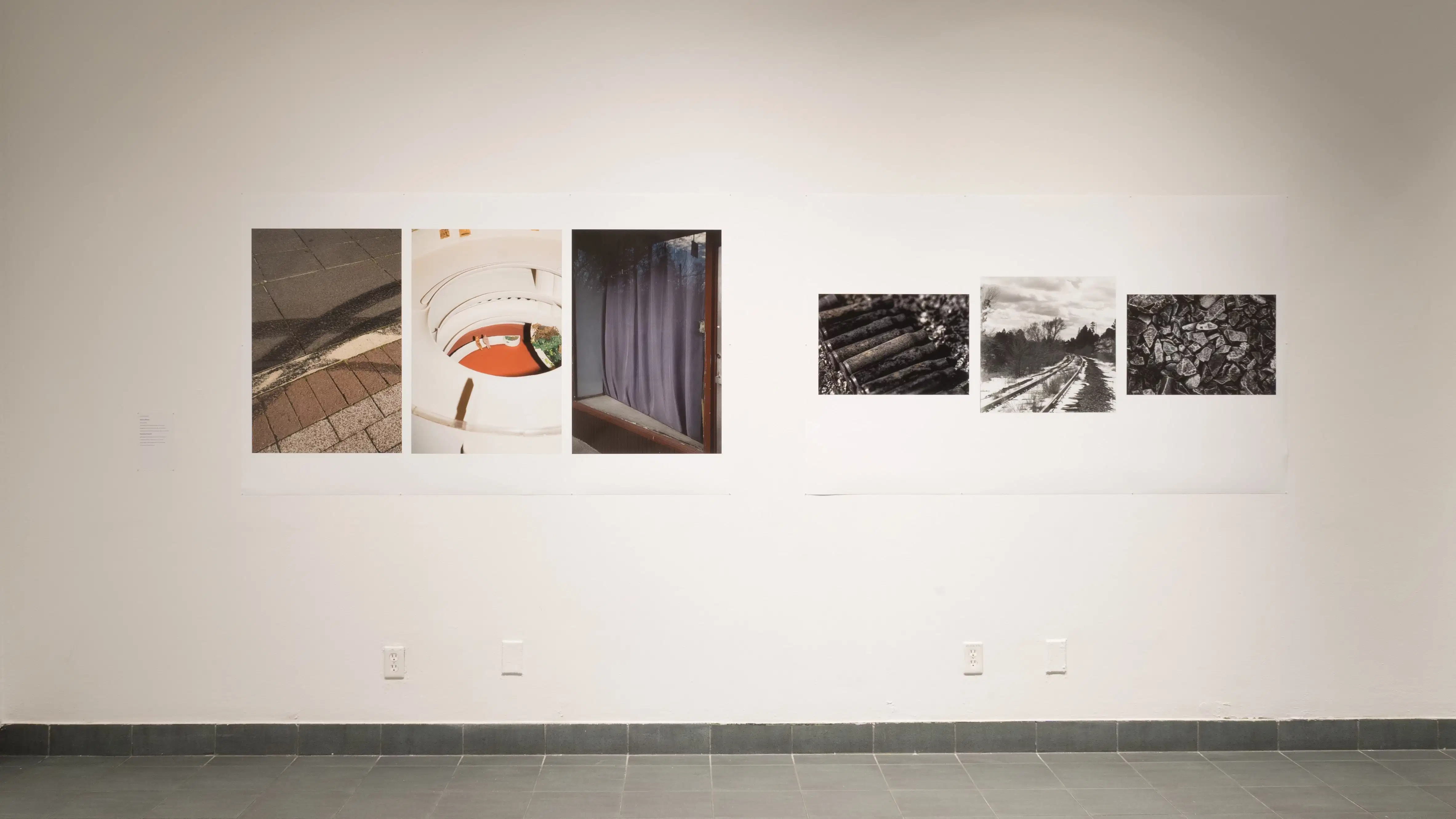 A closer view of one wall in the back gallery, showing two large prints: the left has three vertical, somewhat abstracted images in color; the right has three black and white images, two horizontal and one square, with abstracted nature scenes.