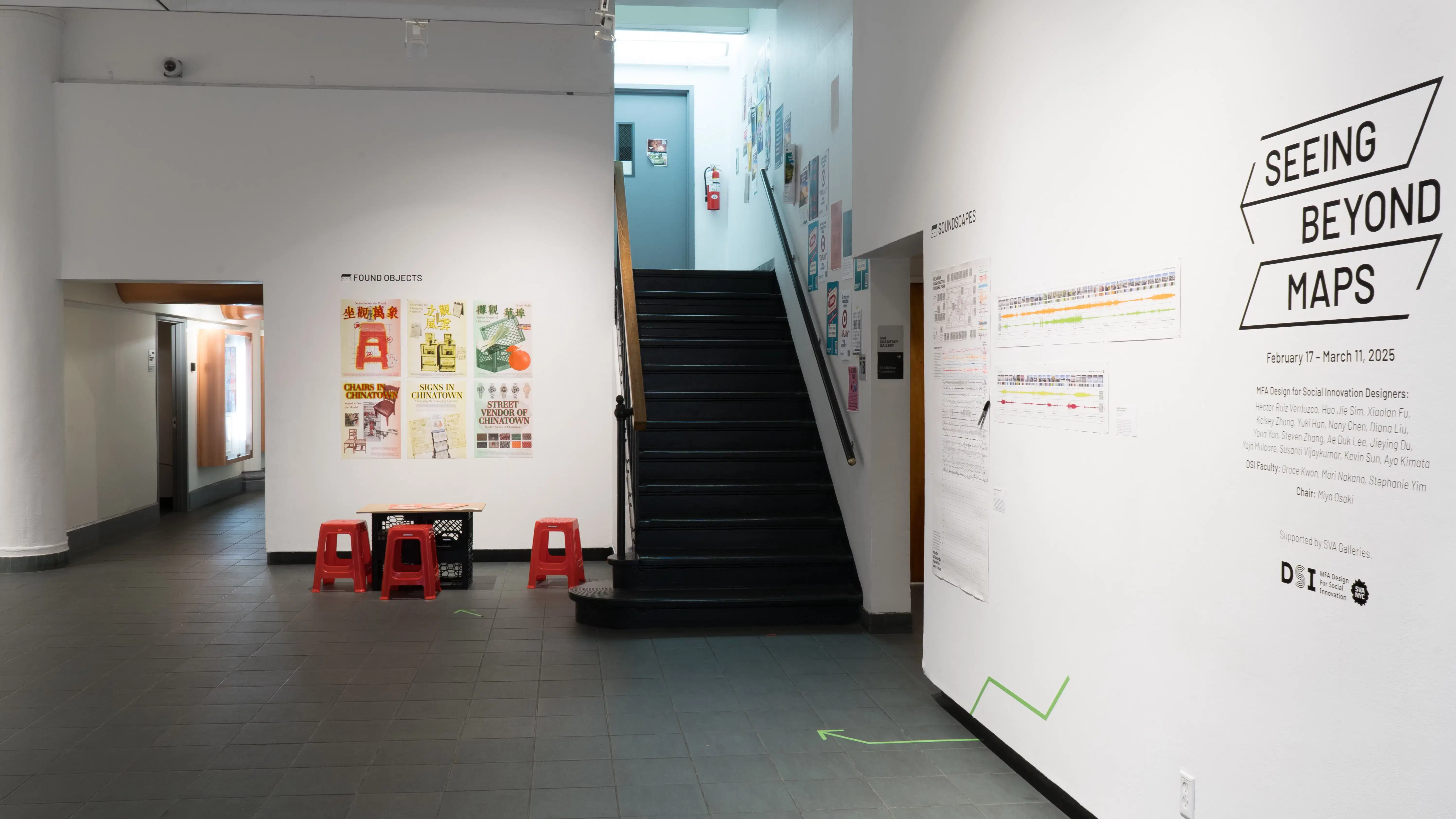 Upon entering the SVA Gramercy Gallery lobby, vinyl text on the wall reads “Seeing Beyond Maps.” Green vinyl arrows lead visitors toward sections of the exhibition with titles such as “soundscapes” and “found objects.”