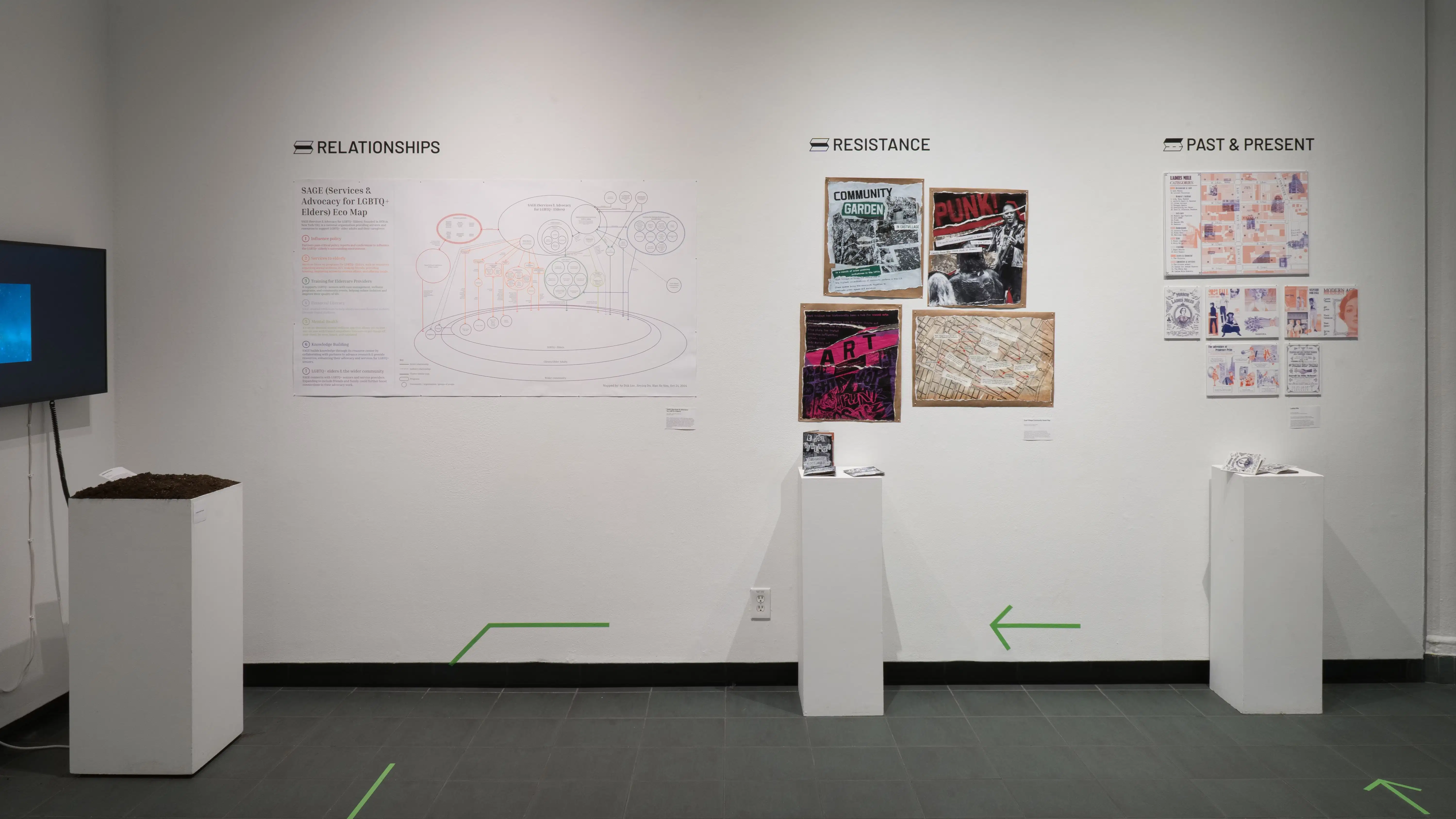 Sections within the gallery titled “relationships,” “resistance,” and “past & present,” display diagrams, posters, and prints. To the left, a pile of soil sits atop a pedestal in front of a monitor.