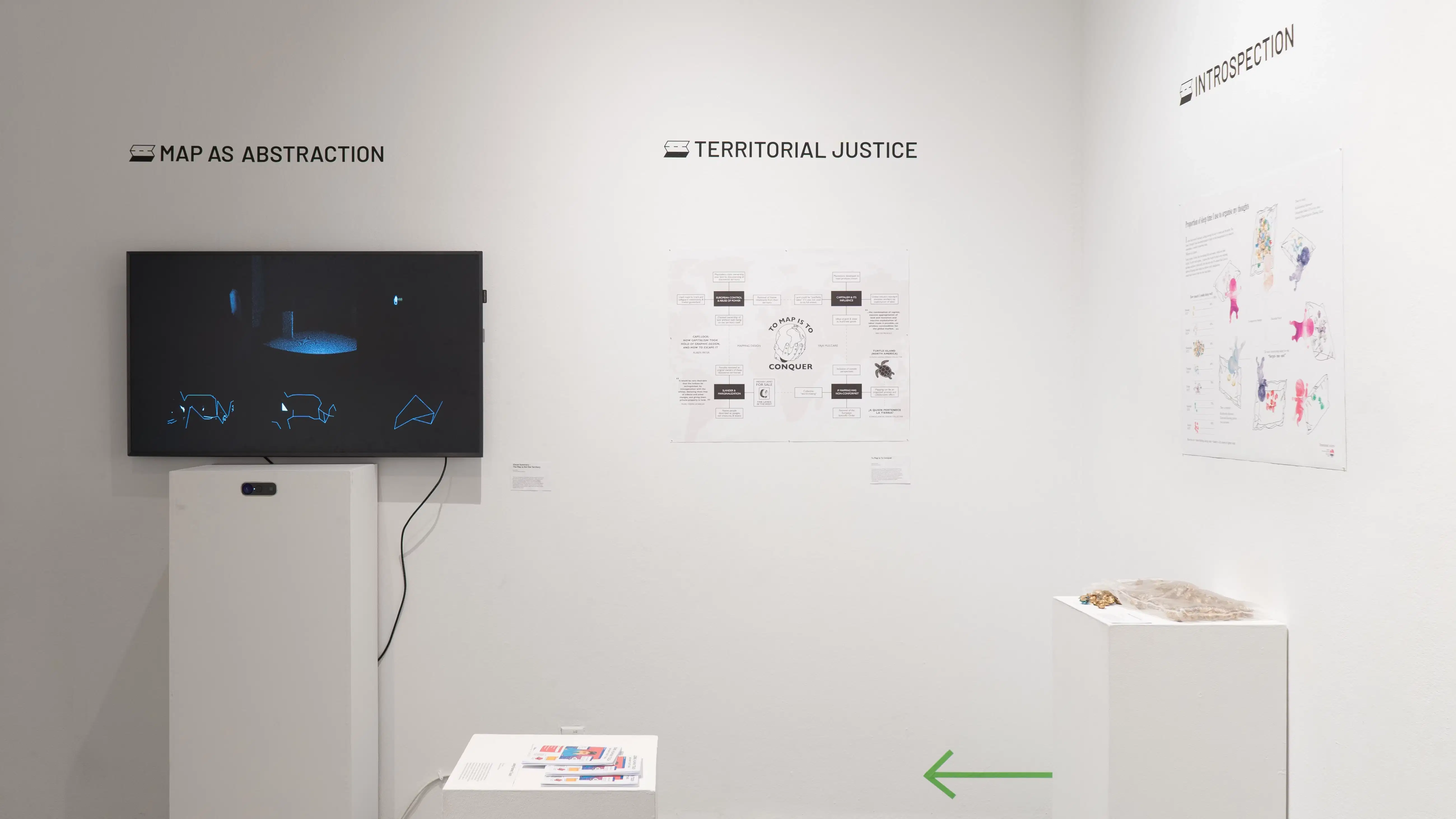 A monitor displayed on the wall seems to be depicting input received by a camera or sensor in front of it. To the right, prints and diagrams represent different ideas.