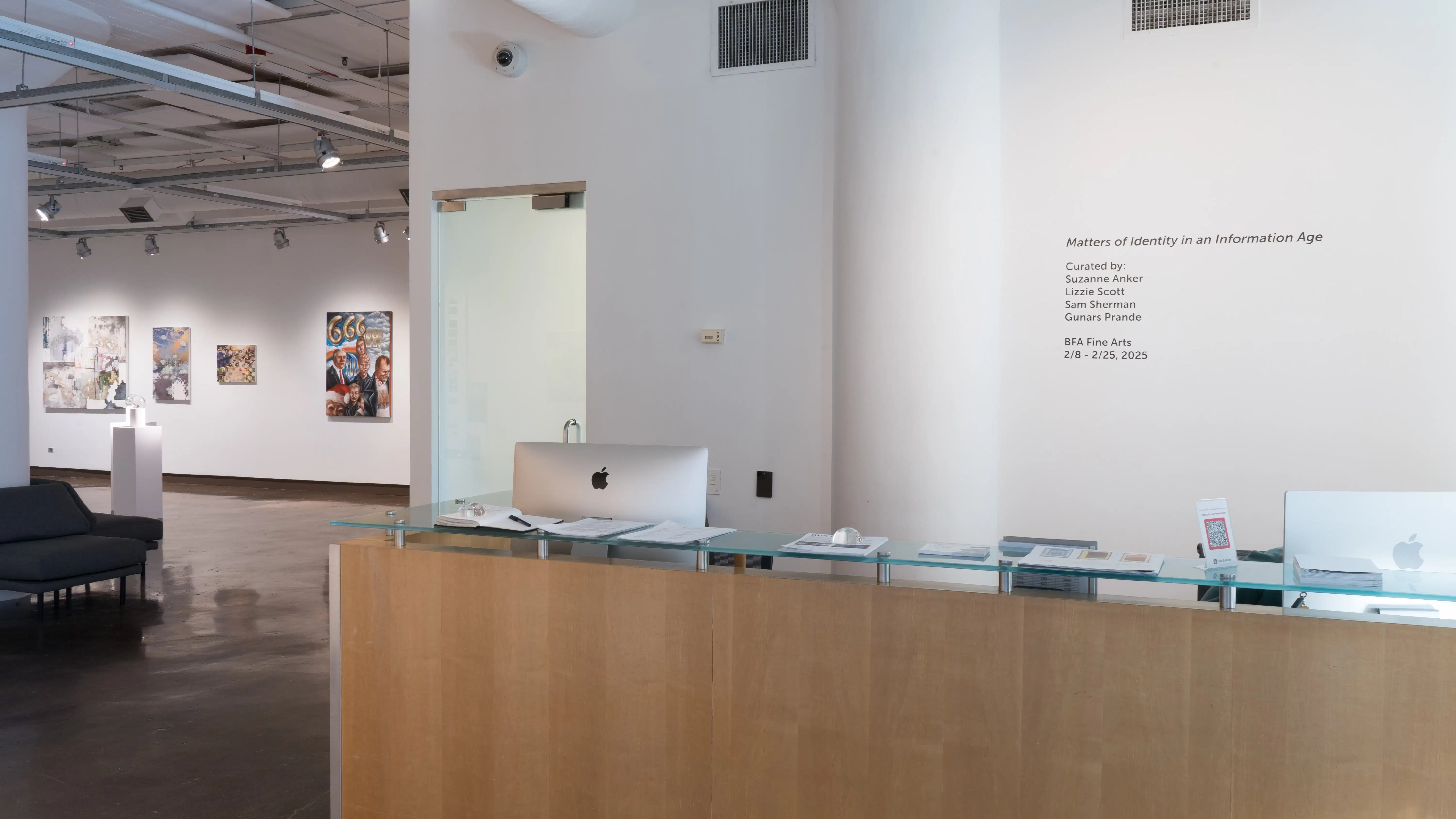 Upon walking into the SVA Chelsea Gallery, wall vinyl above the desk reads “Matters of Identity in an Information Age” and several large works on canvas are visible in gallery one.