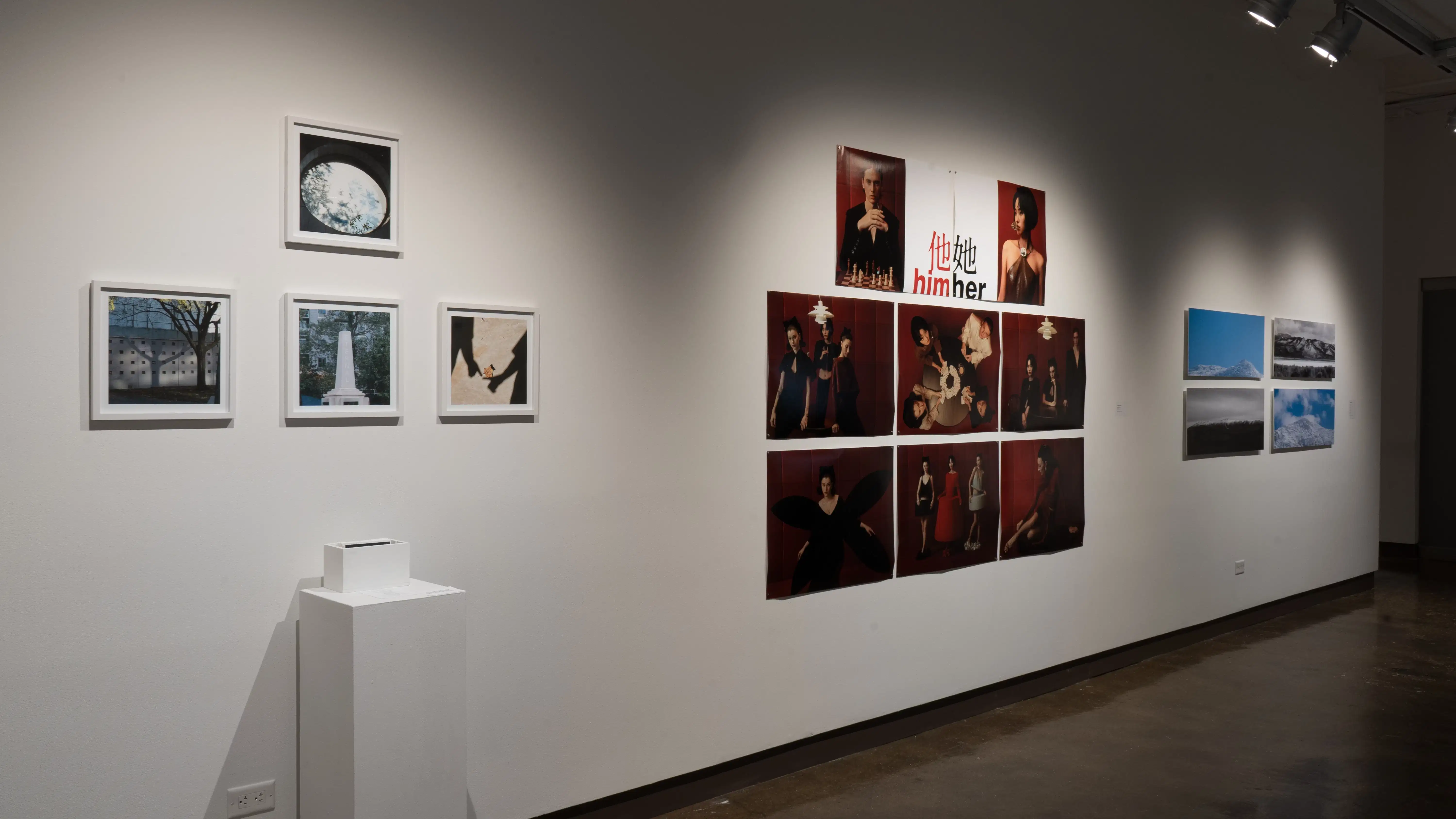 On the left side are four urban life photographs in white frames, three on the bottom and one at the top, with a box on a pedestal below. Next to it is an editorial photo gallery of several models against a dark red background with portraits of the two main models above. To the very right are 4 landscape photographs in a grid format, switching from grayscale to colored. 