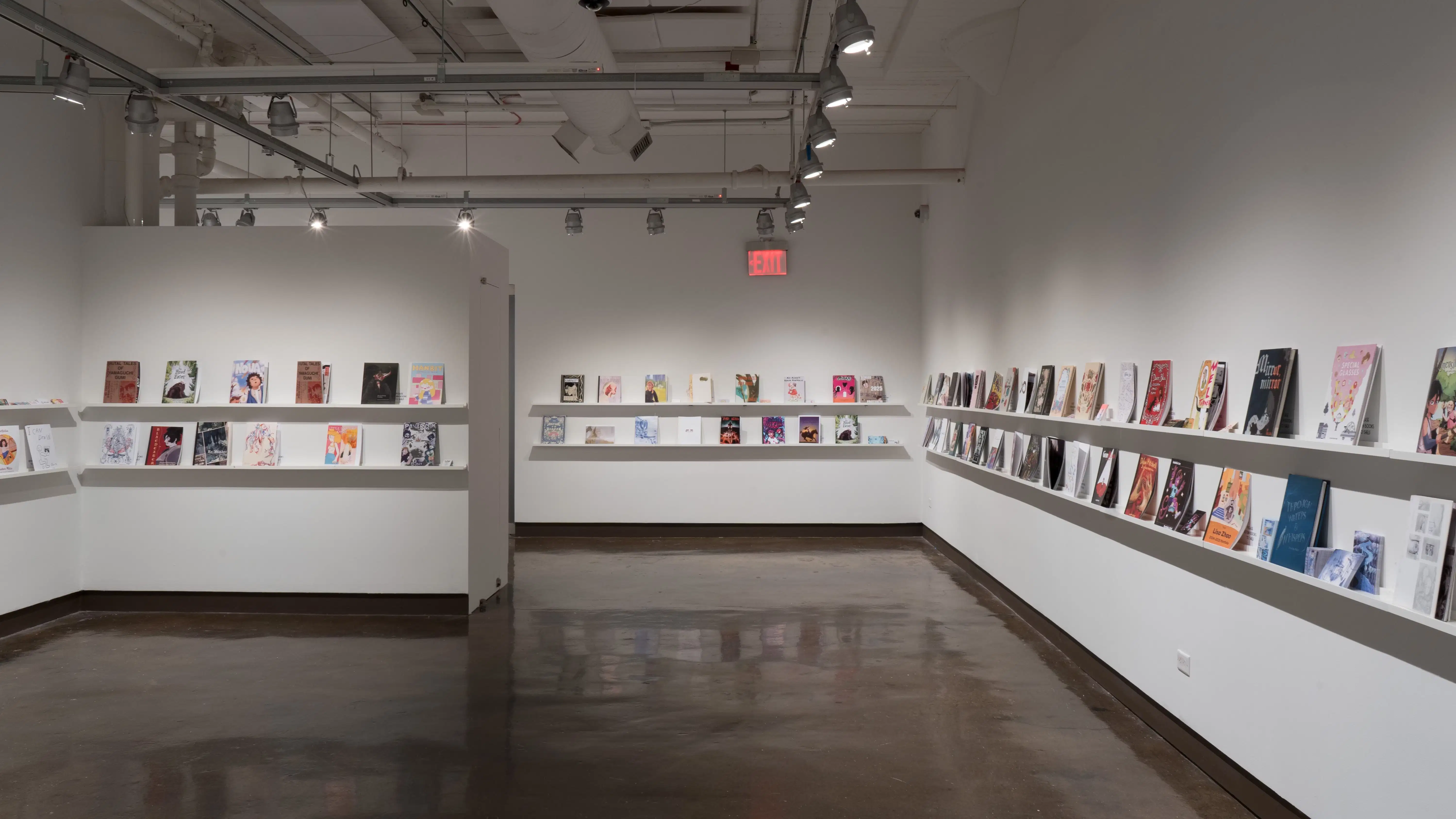 In the last room of the gallery, four walls are displayed. On all these walls, several books are displayed on two long floating shelves, and some books are accompanied with business cards.