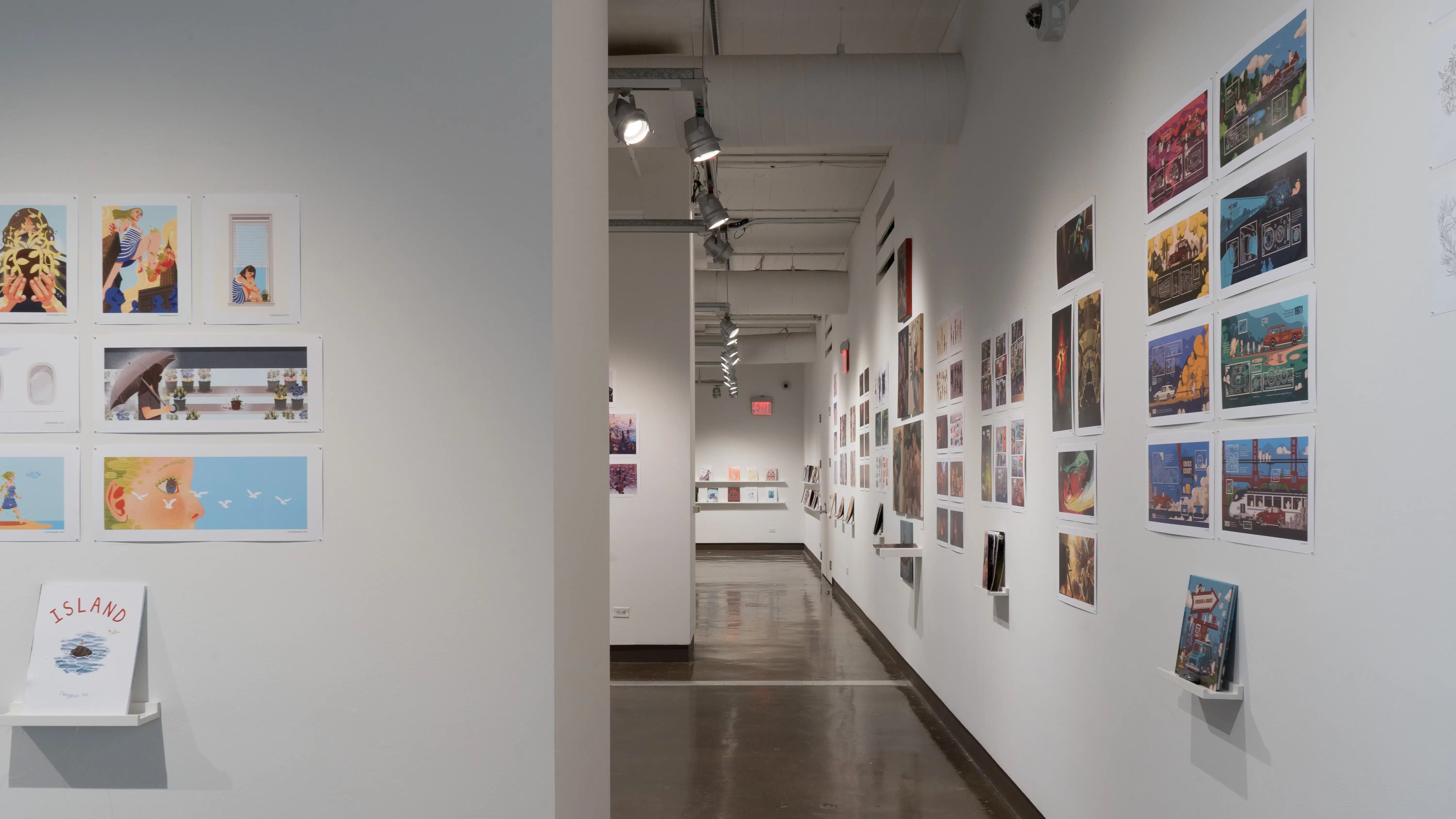 In the first room of the gallery, a hallway is shown, with many walls displaying several horizontal and vertical prints to the left and right. On the left, there are 7 prints; the top three are vertical, and the bottom four are horizontal. A book is displayed on a floating shelf under these prints. To the left and down the hallway, several groups of prints are displayed, some accompanied with a book displayed under the prints. The furthest wall to the back displays several books on two long floating shelves.
