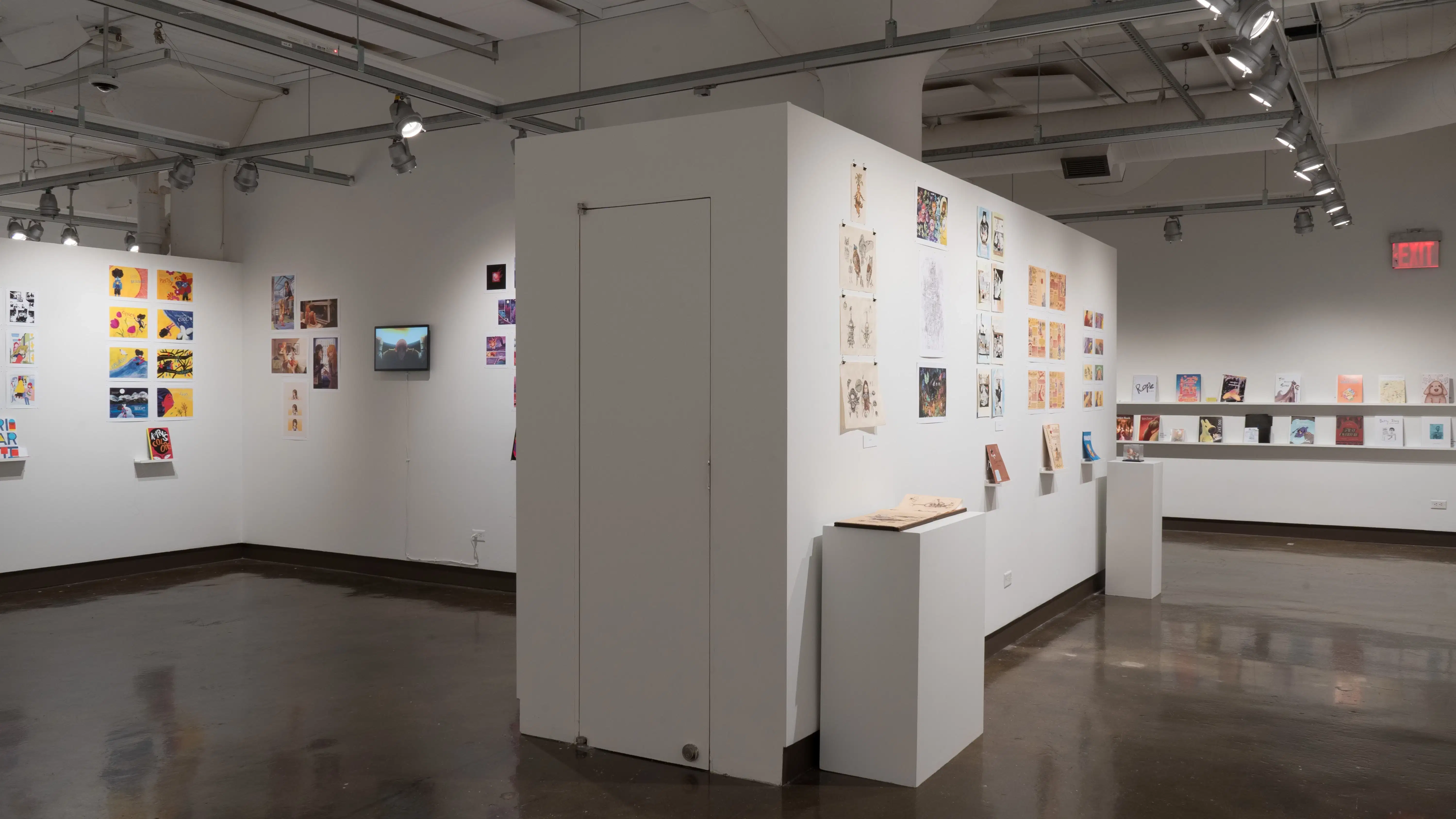 In the first half of the last room of the gallery, four walls are shown. In the room on the left, there are two walls that display several vertical and horizontal prints, some accompanied with personalized books. In the middle of all these prints, a monitor displays an animation. Around the corner, another wall displays several horizontal and vertical prints, some accompanied with a book displayed under the prints. Also shown under these prints are two pedestals on either side of the wall. One pedestal holds a book, and the other holds a dog figurine inside a box. In the wall furthest to the back on the right, two long floating shelves display several books, some accompanied with business cards.