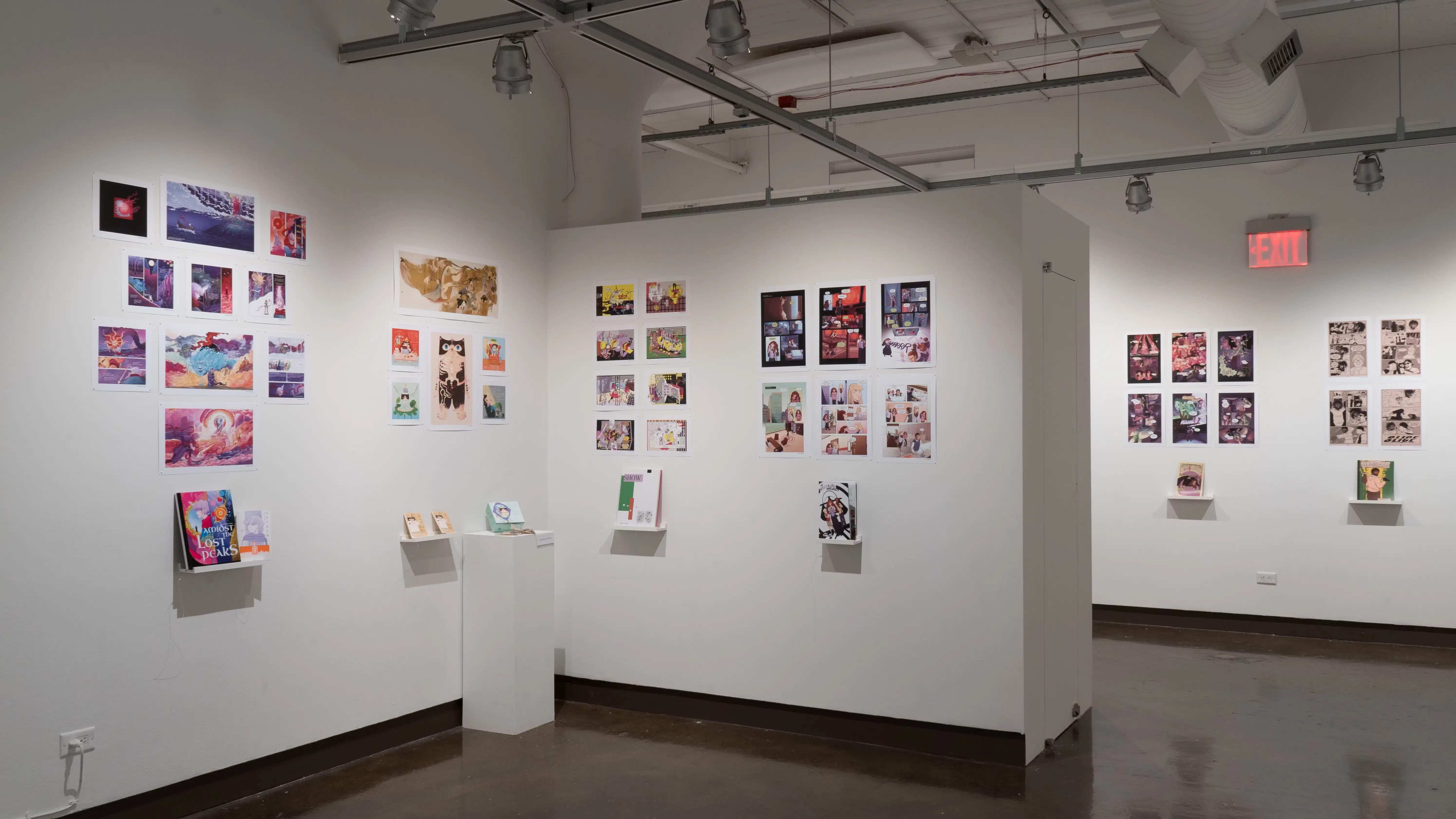 In the first half of the last room of the gallery, there are three walls shown. On the left wall, there are several horizontal and vertical prints displayed, all accompanied with a personalized book and zine. In the corner of the space, a pedestal displays a box with an herbal tea kit. The center wall after the corner displays several vertical and horizontal prints, both groups of prints accompanied with personalized books. The furthest wall behind the first two walls mentioned display horizontal prints, each accompanied with personalized books.