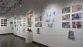In the first half of the last room of the gallery, there are two walls photographed. On the furthest wall to the left, 8 horizontal prints are displayed, and more prints are displayed, but are cut off by the main wall photographed. The main wall to the right displays several horizontal and vertical prints, some accompanied with a book. In the center of the wall, there are two crocheted figures; one is a black cat and the other is of a little girl.